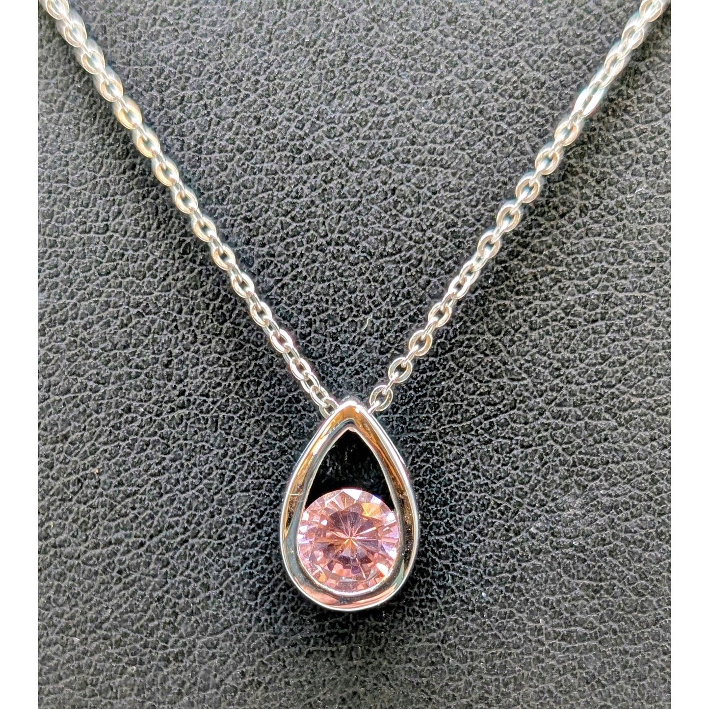 925 Sterling Silver Pink Crystal Teardrop Pendant 18" Necklace