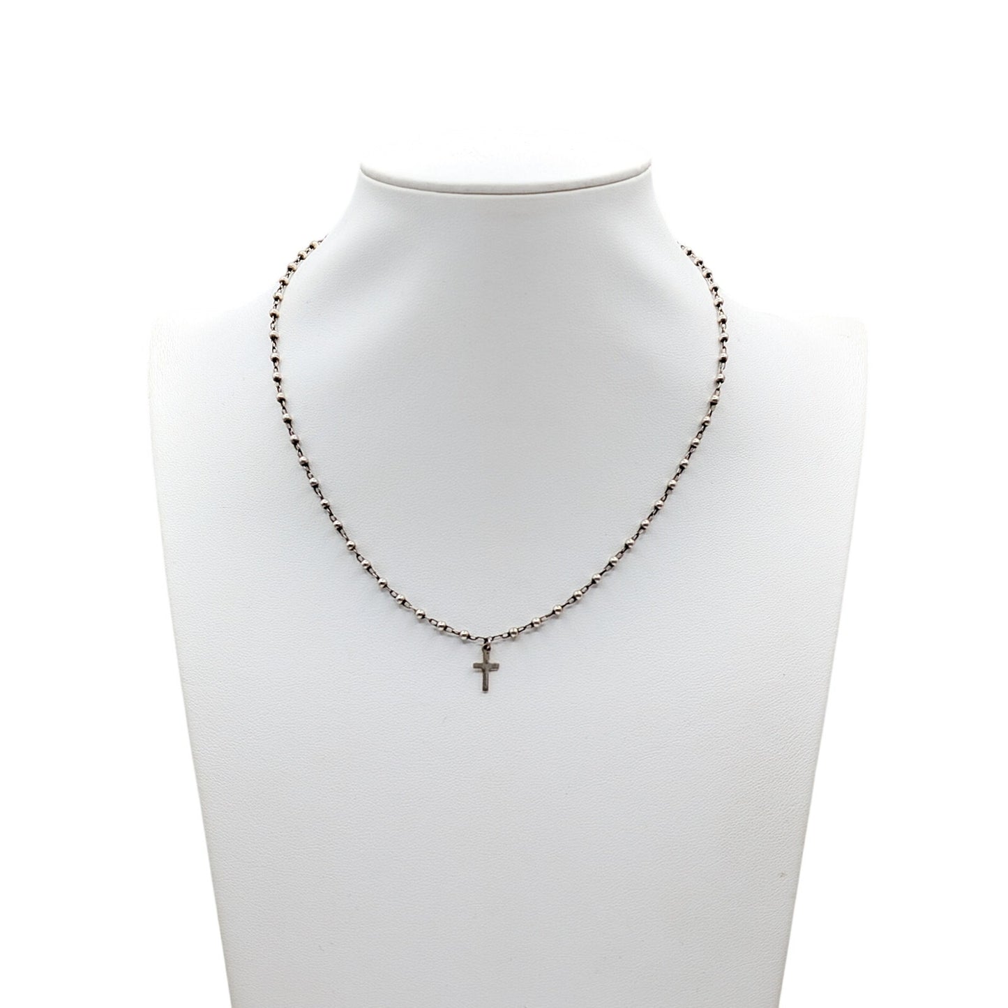 Vintage 925 Sterling Beaded Chain Tiny Cross Pendant Choker 16" Necklace