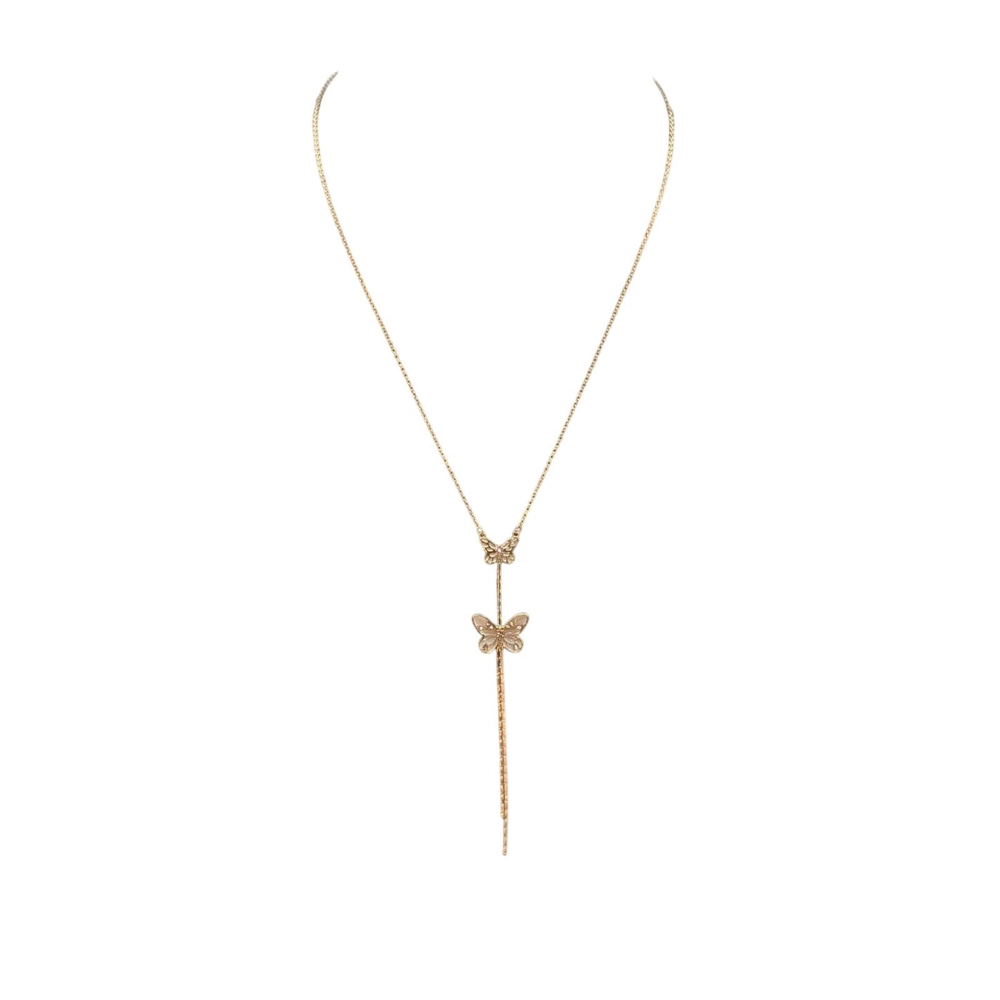 Jessica Simpson Gold Tone Two White Sparkle Butterfly Tassel 16"-19" Necklace