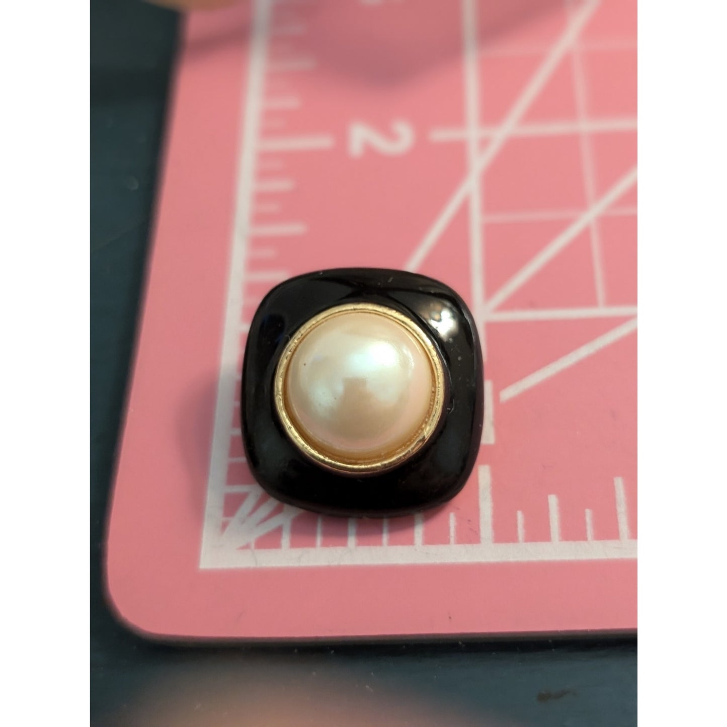 Vintage 80s Squared Off Clip On Black Enamel Faux Mabe Pearl Button Earrings