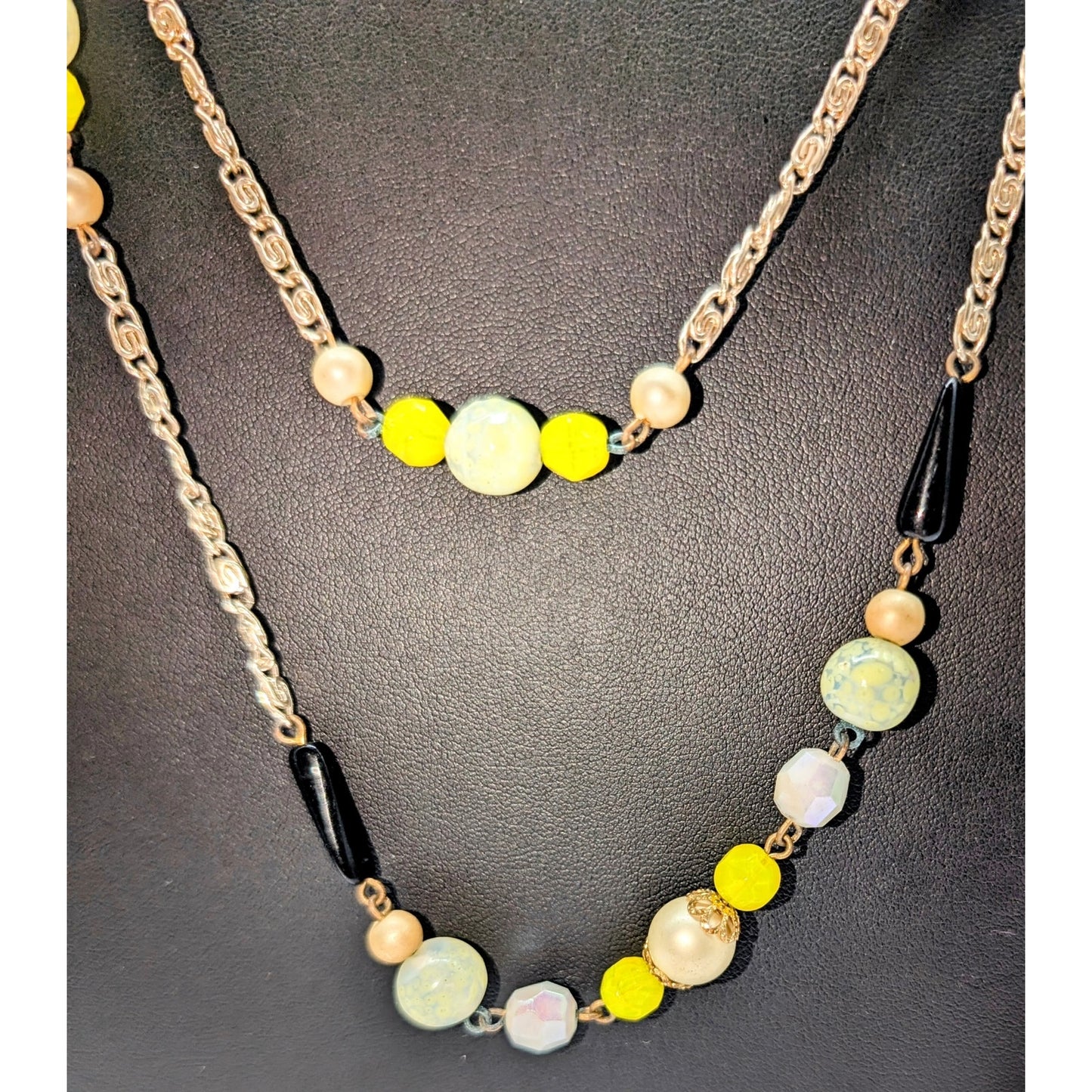 Vintage Black Yellow Cream White Beaded Station Chain Long 60" Necklace