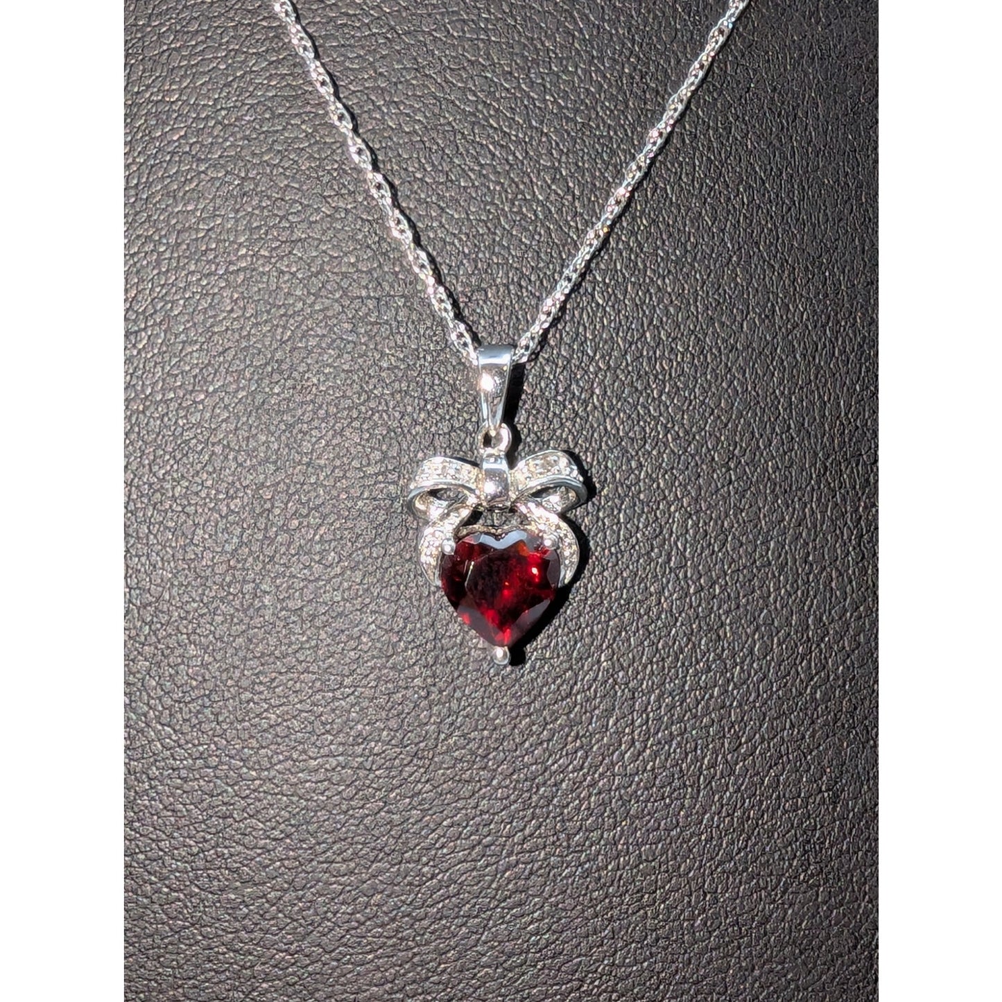 925 Sterling Silver Garnet Heart Bow Two Diamond Pendant 18.25" Necklace