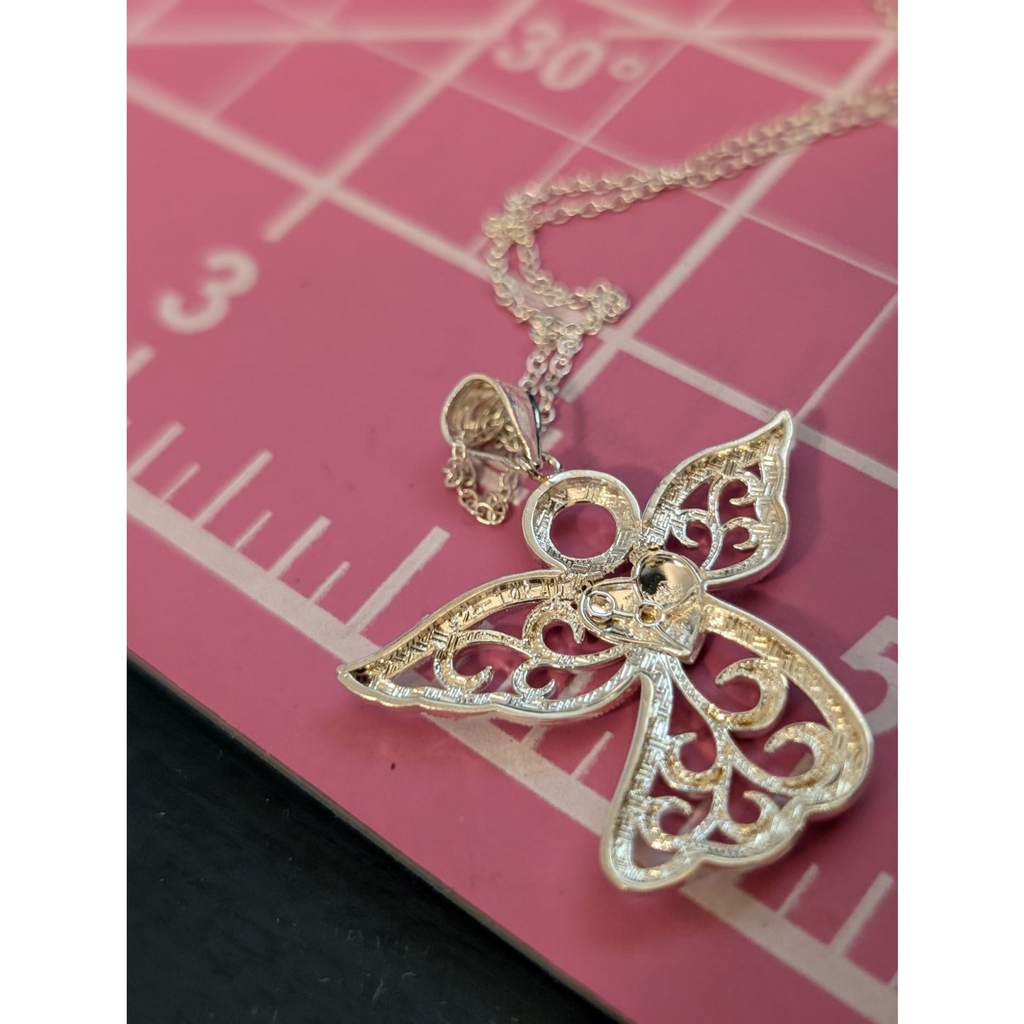 925 Sterling Silver Filigree Angel W/ 10K Yellow Gold Heart Pendant 18" Necklace