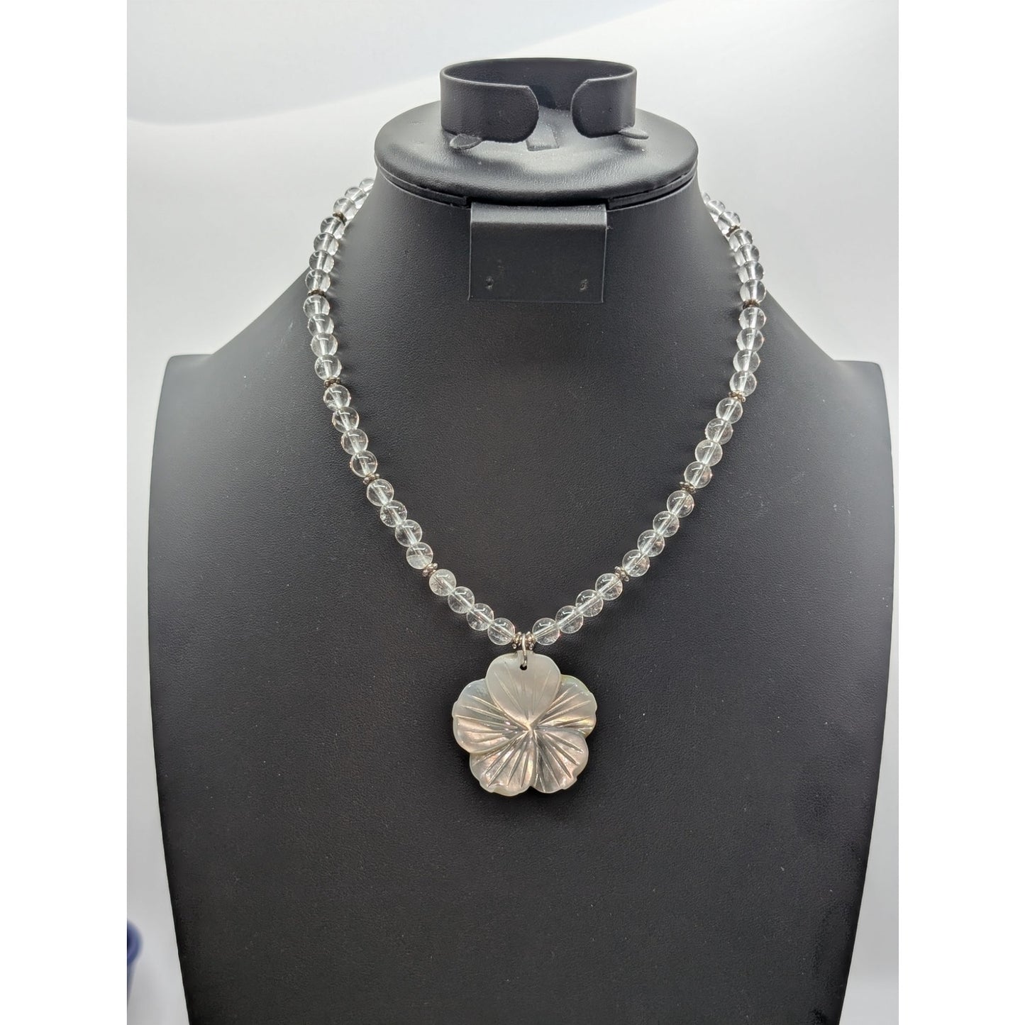 Vintage 925 Sterling Silver Quartz Bead Shell Flower Pendant 17.5" Necklace