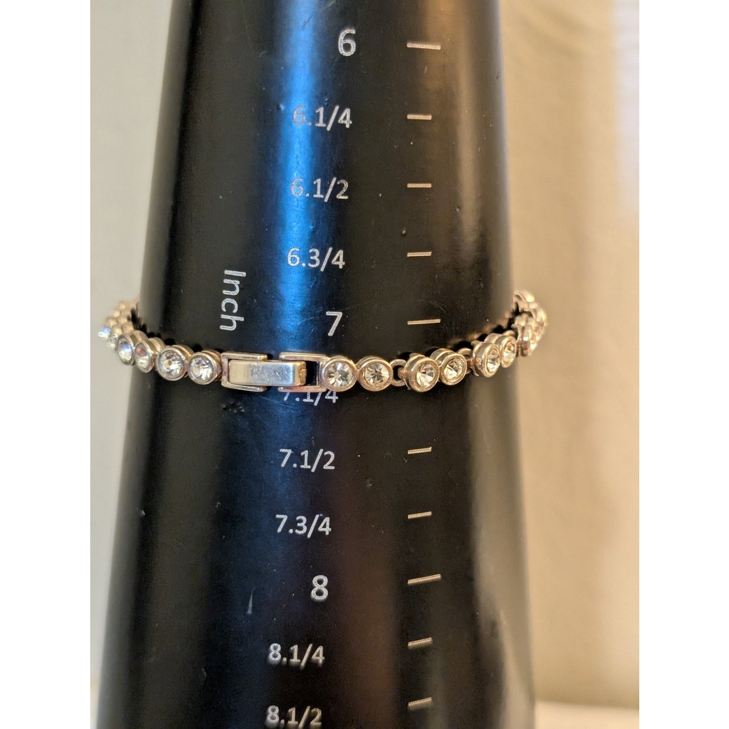 Vintage Bezel Set Silver Tone CZ Tennis Bracelet W/ Fold Over Clasp