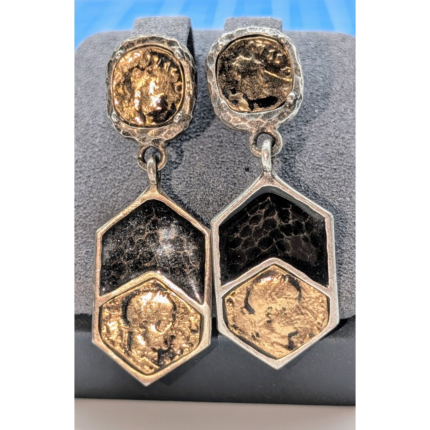 TAT 2 Two Toned 925 Posts & Sterling & 14K Plated Hammered Metal Drop Earrings