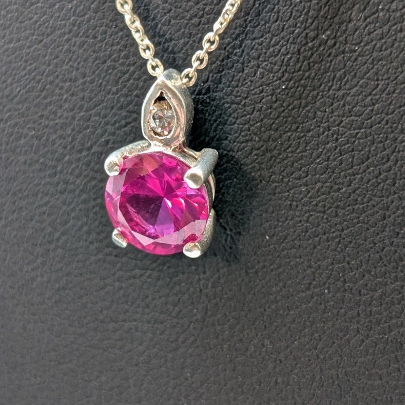 Pink Sapphire Solitaire & CZ Pendant 925 Sterling Silver 18.5" Necklace