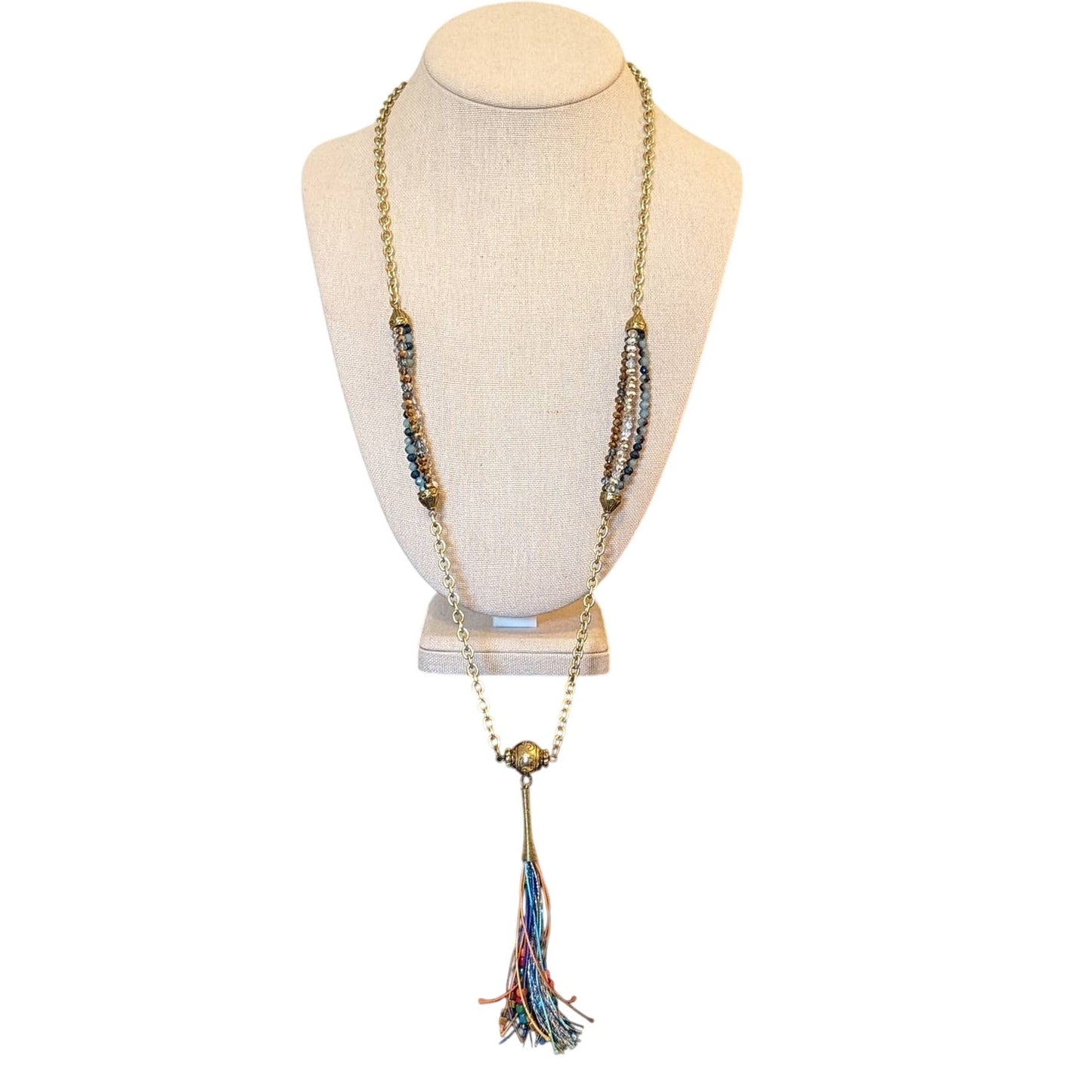 Gold Tone Beaded Multi-Color Tassel 30" Chain Necklace