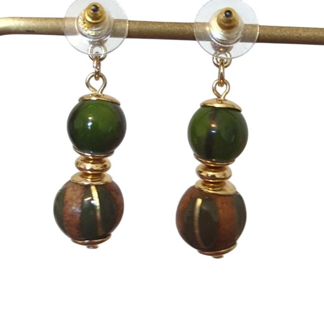 Green/Brown Bead Dangle Post Earrings