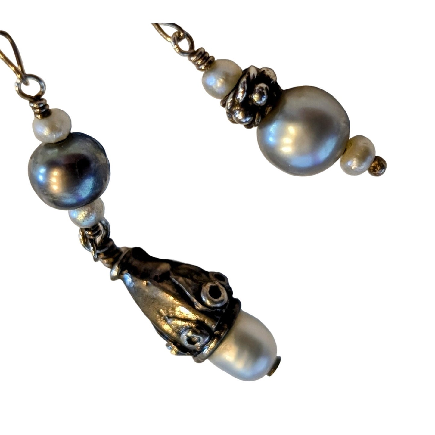 Vtg Sterling Silver Figaro Gray White Multi-Shaped Pearl Crystal Y Necklace