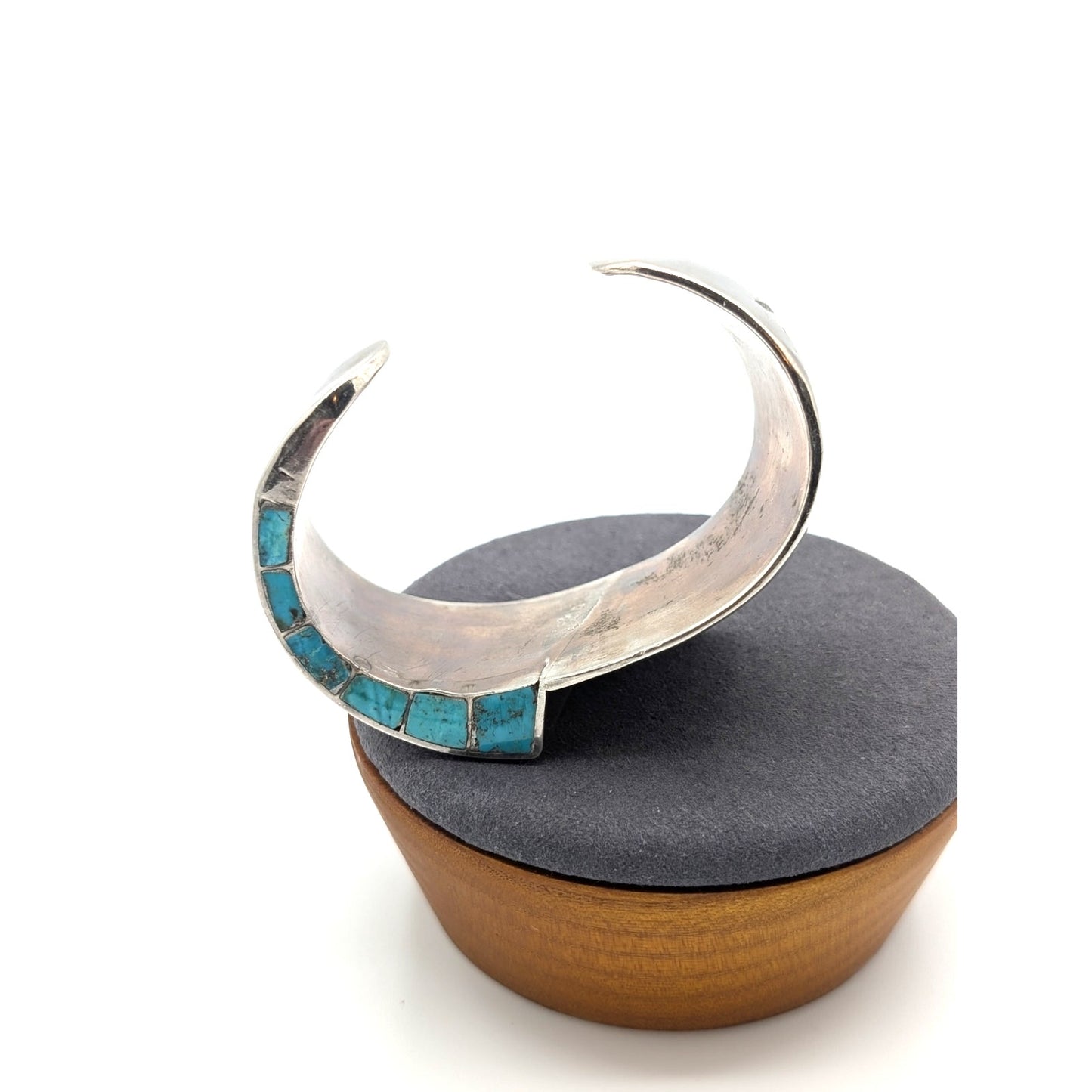 Estate VTG Native American Navajo Top Bottom Side Inlay Turquoise Sterling Cuff