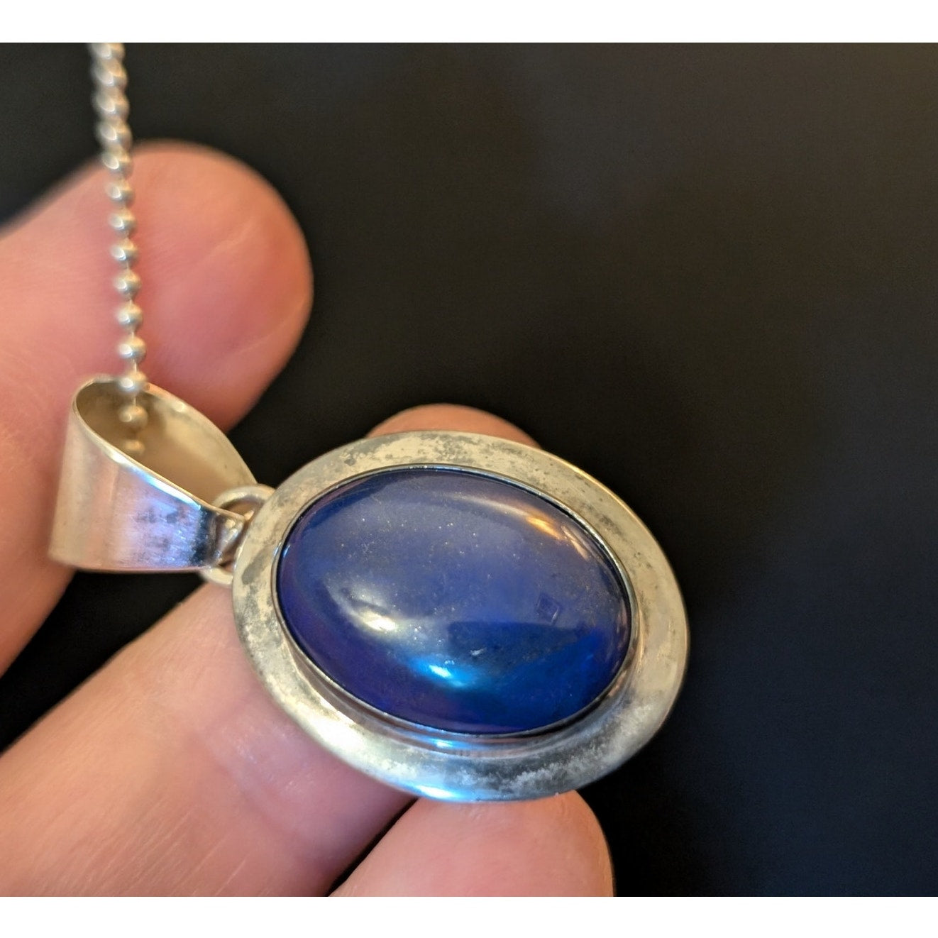 Vintage Sterling Blue Stone Pendant Bead Ball Sterling Chain Necklace