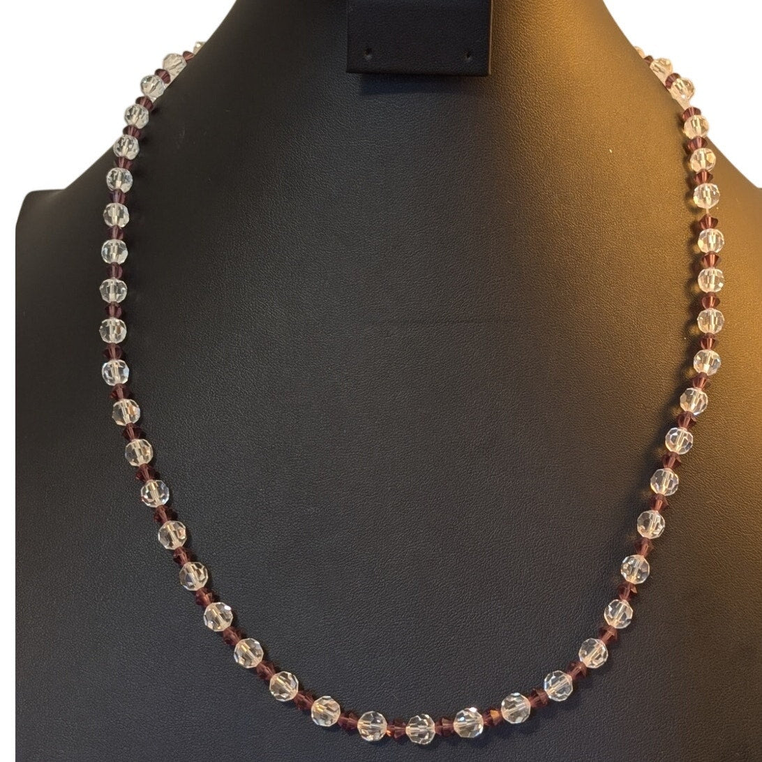 Vintage Clear & Purple Crystal Bicone Bead Necklace W/ Fish Hook Clasp