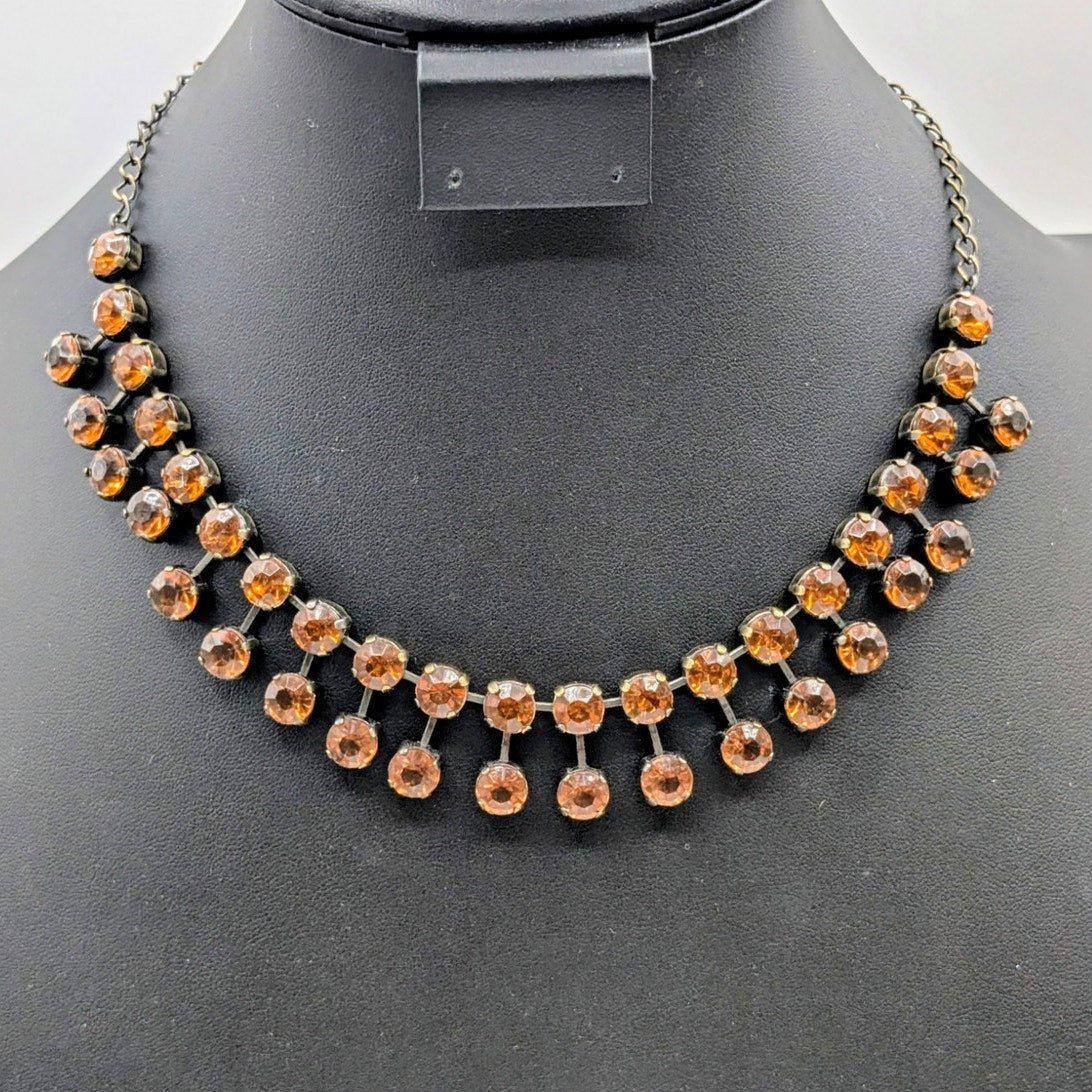 Smoky Topaz Color Rhinestone Bronze Metal 15"-18" Collar Statement Necklace