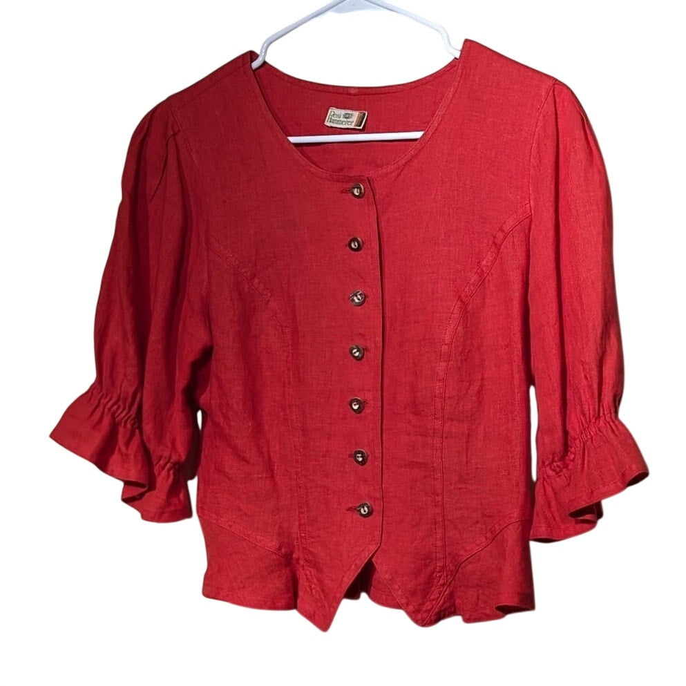 Resi Hammerer Red Vintage 80s Button Front Ruffle Three Quarter Sleeve Top Sz S
