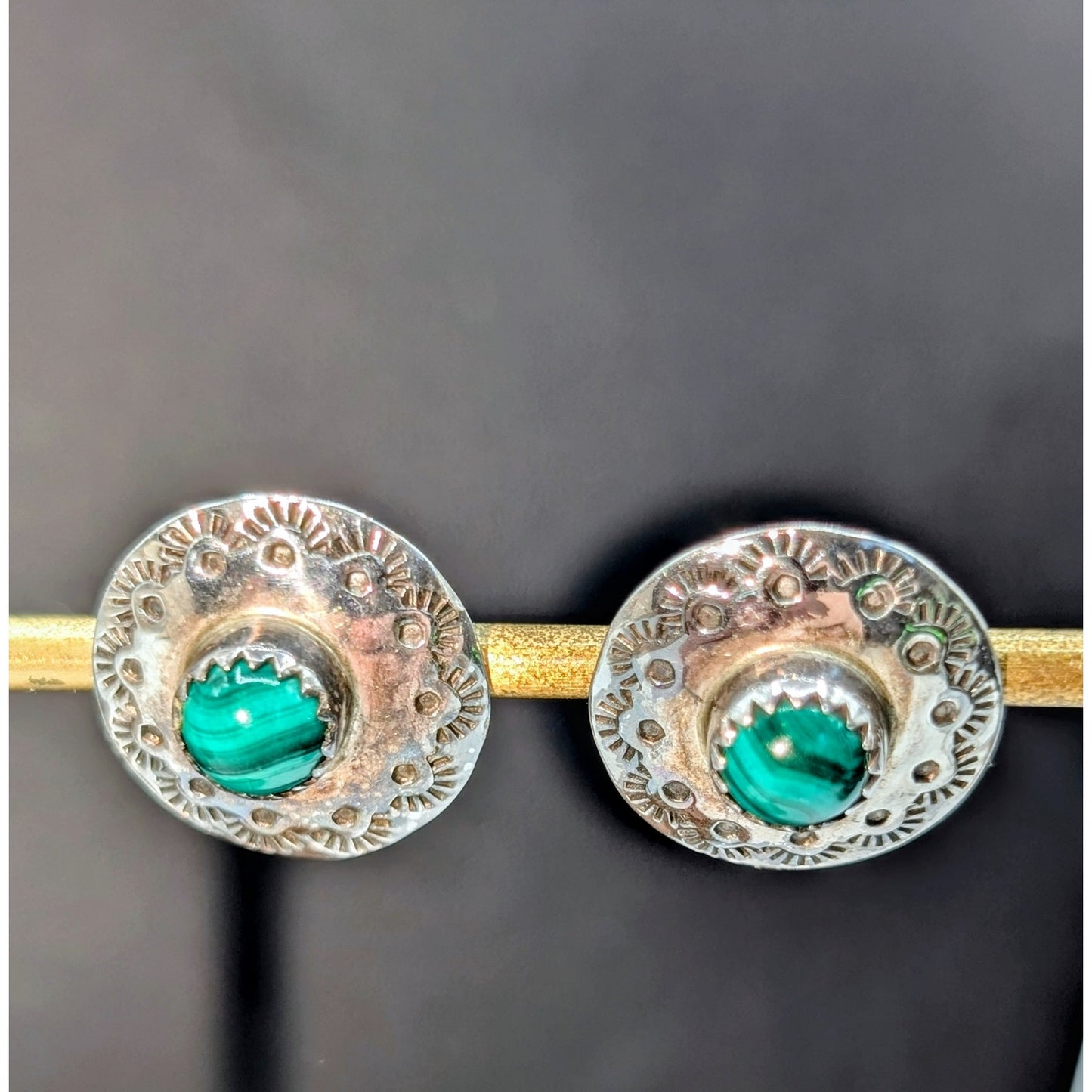 Vintage Sterling Malachite Cabochon Southwest Post Earrings