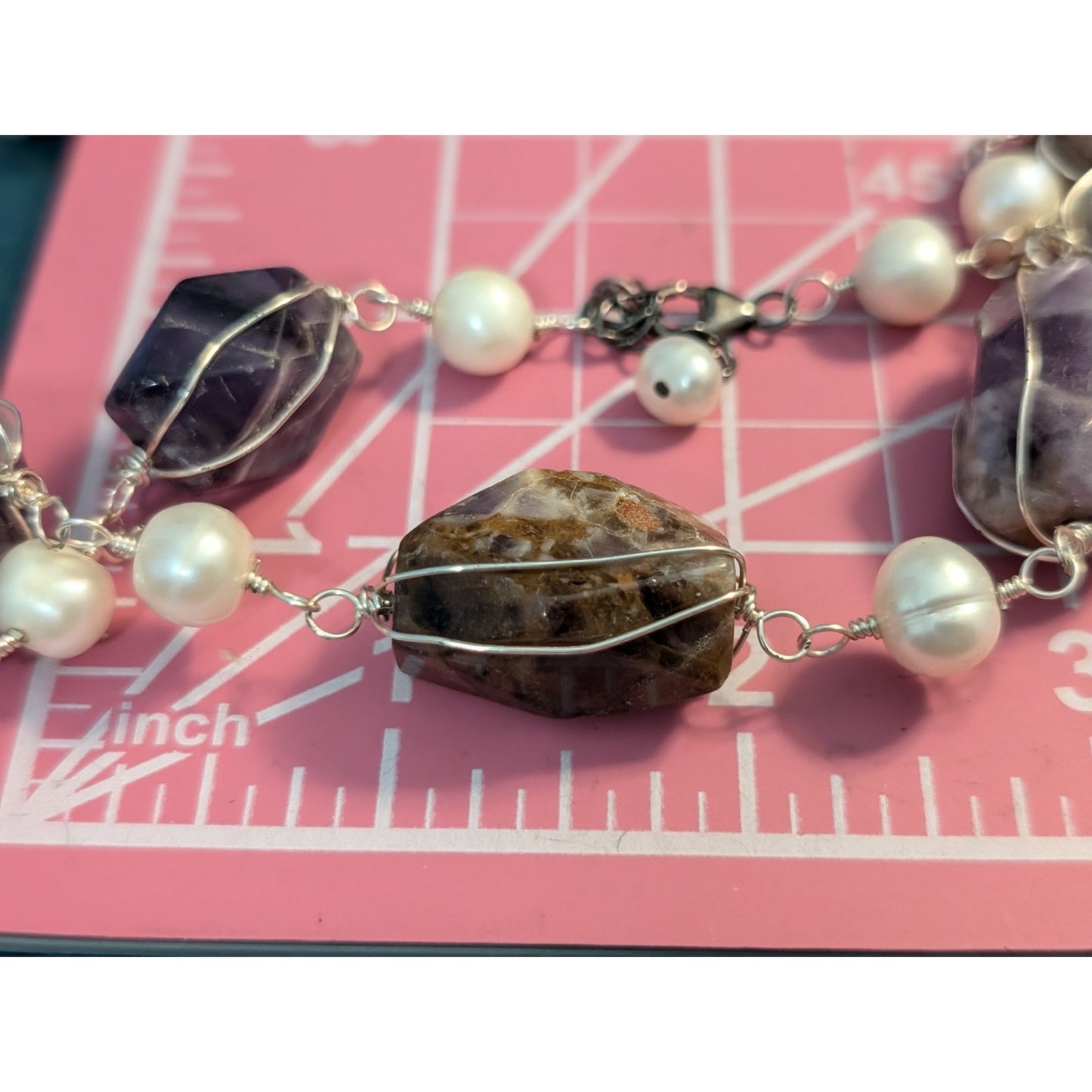 Chunky Wired Purple Lace Agate & Amethyst Fresh Water Pearl Sterling Necklace