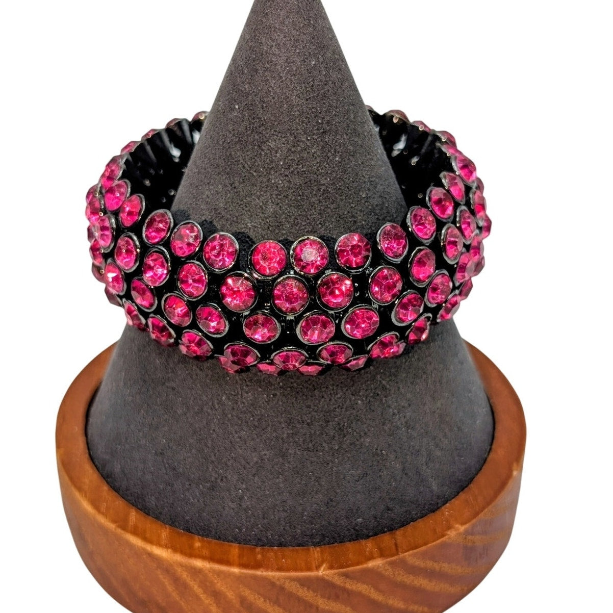 Hot Pink Bezel Set Crystal Gun Metal Stretch Bangle Bracelet