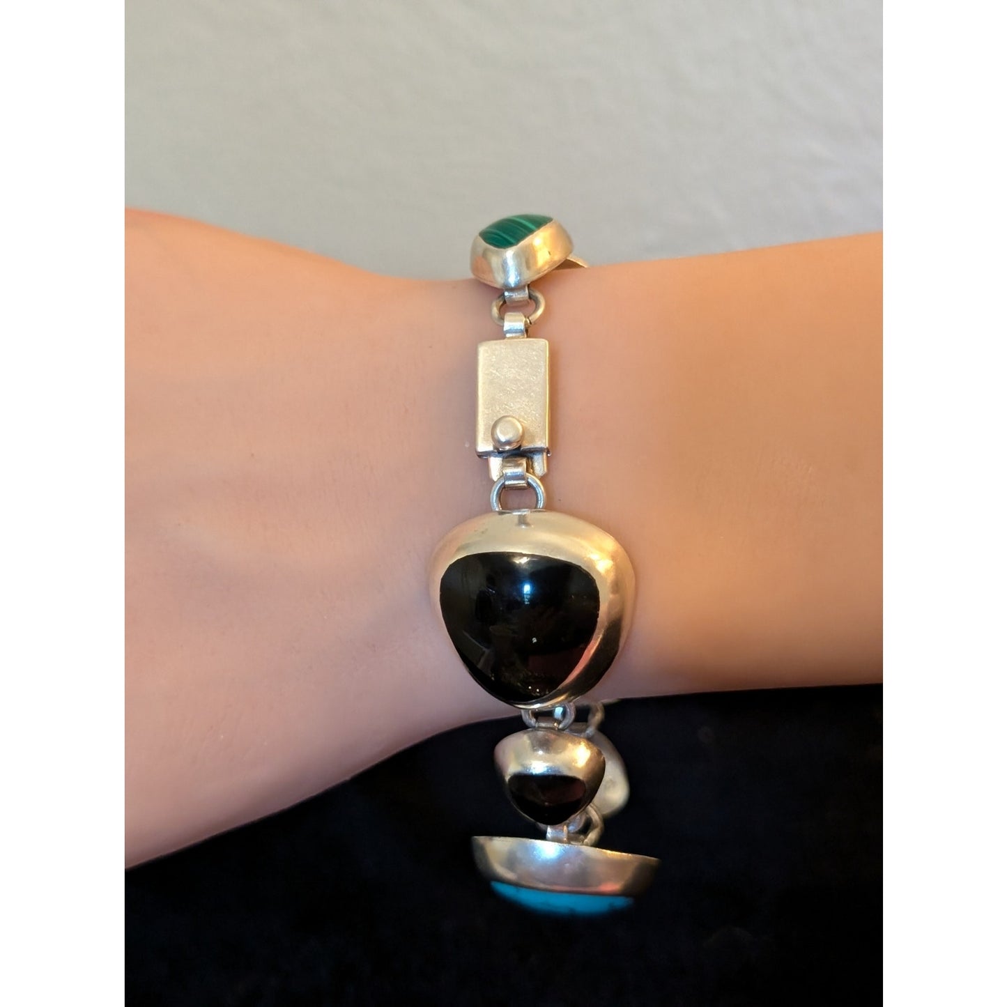 Taxco Signed TZ-17 Mexico 925 Sterling Chunky Twosie Four Stone Link Bracelet