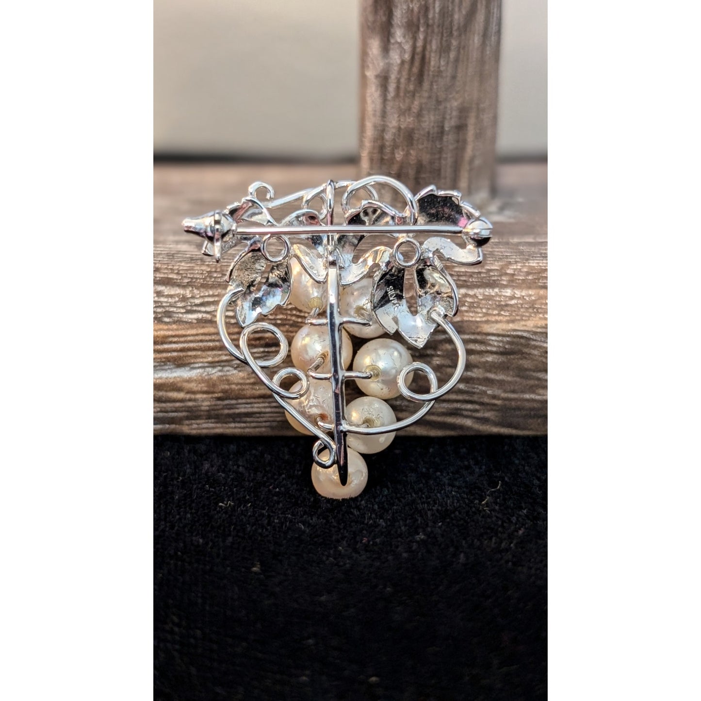Marked Silver Vintage Seven Cultivated Pearl Grapes on Branch Pendant Brooch