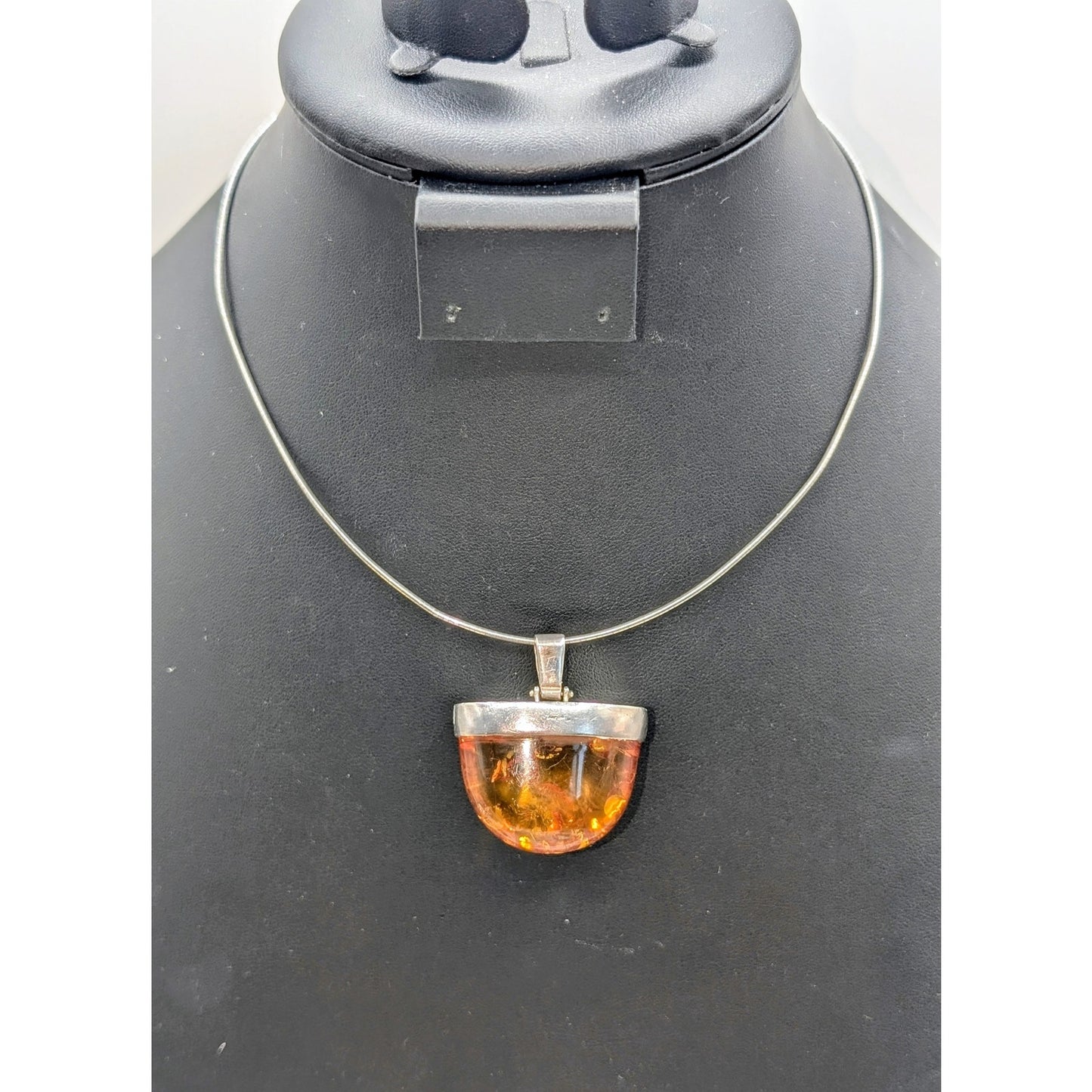 VTG 925 Sterling Silver Baltic Amber Pendant On Sterling 15.5" Cord Necklace