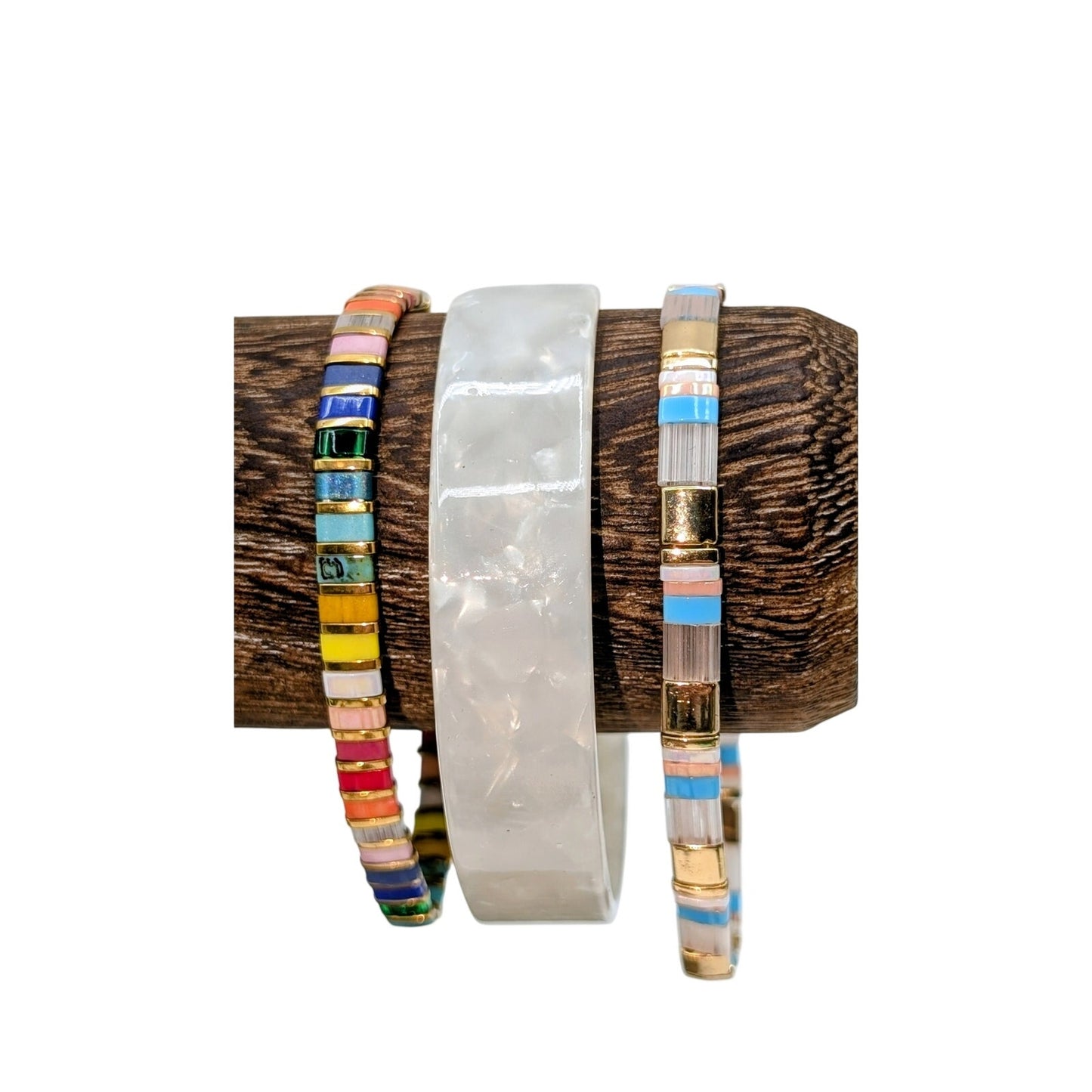 Lot of Two Flat Beaded Stretch Bangle Bracelets & One Acrylic Cuff Bracelet