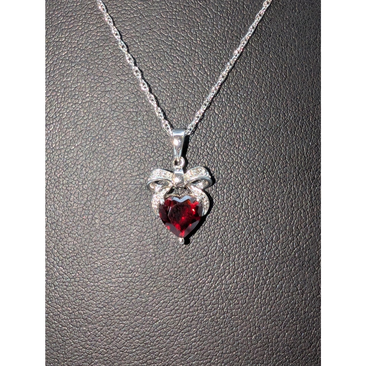 925 Sterling Silver Garnet Heart Bow Two Diamond Pendant 18.25" Necklace