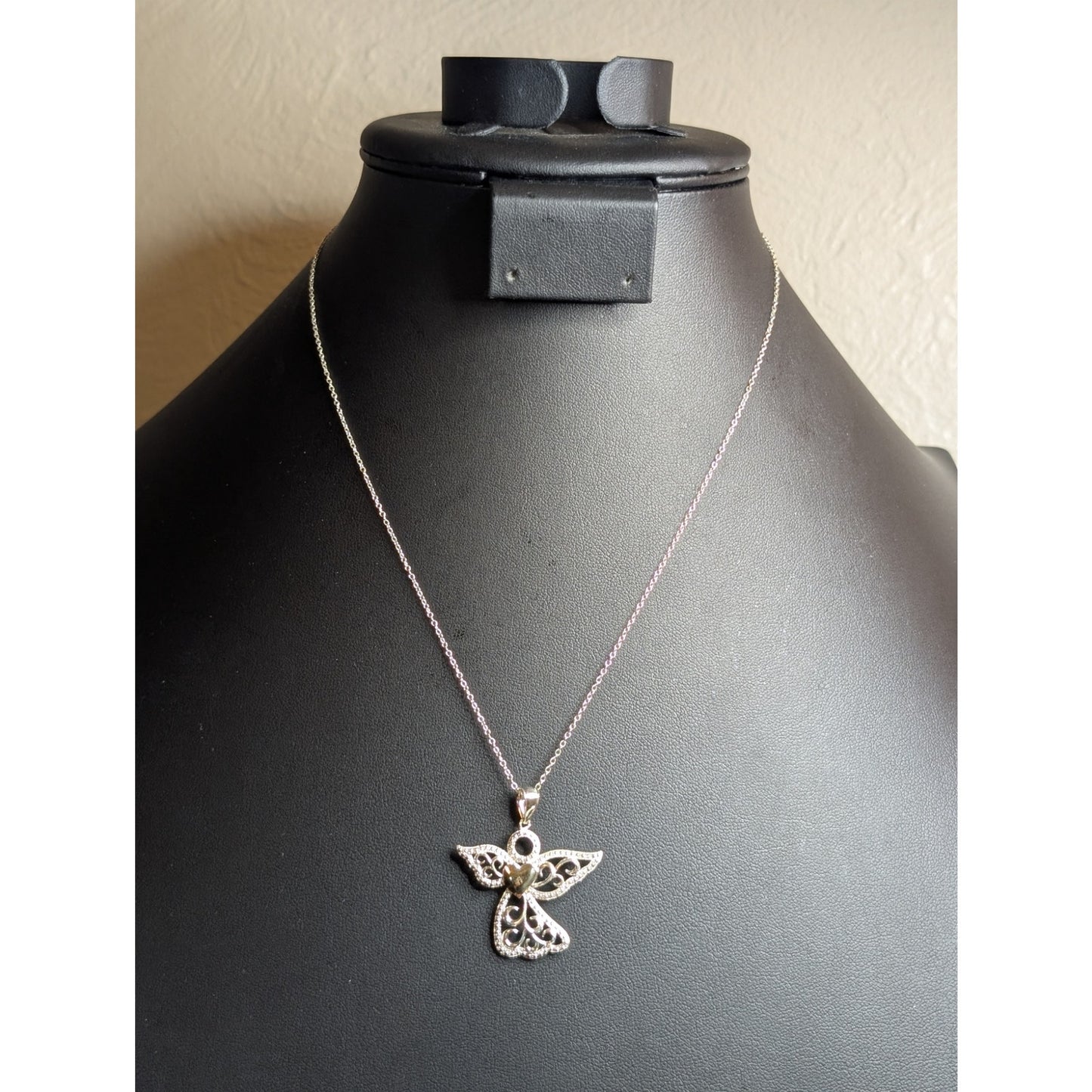 925 Sterling Silver Filigree Angel W/ 10K Yellow Gold Heart Pendant 18" Necklace