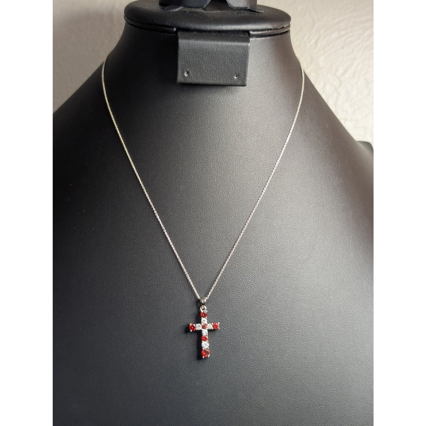 925 Sterling Silver Red & Clear Crystal Cross Pendant 18" Necklace