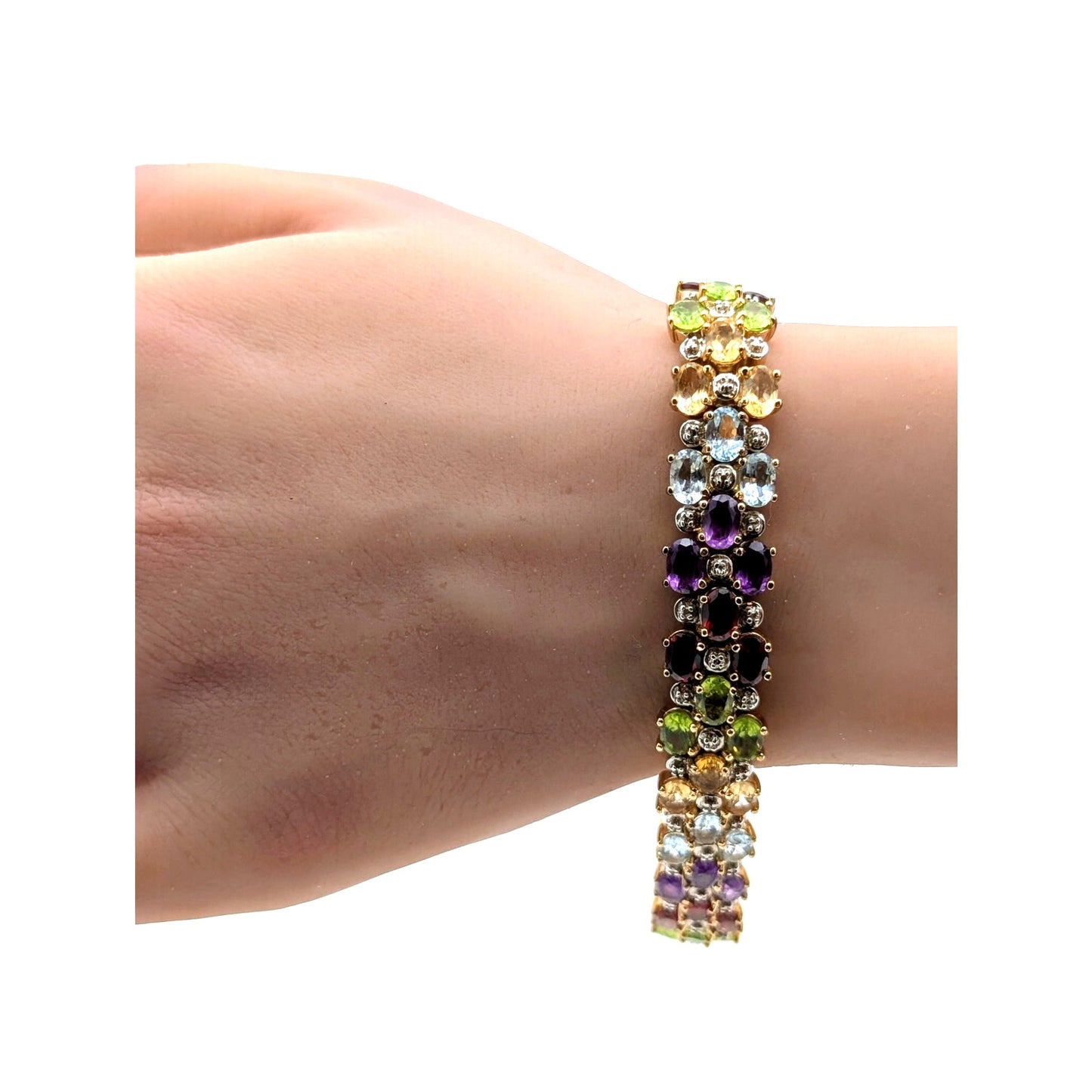 Vintage 925 Sterling Silver Gold Vermeil Multi Gemstone Tennis Bracelet