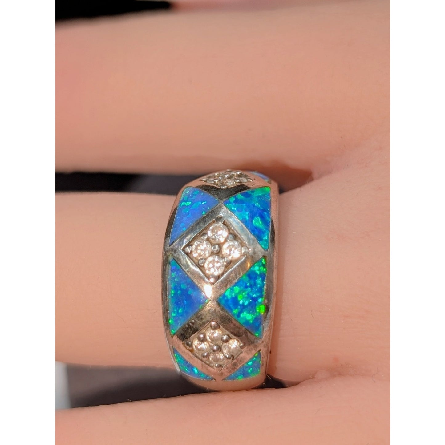 Vintage 925 Sterling Silver Opal CZ Band Ring Size 6