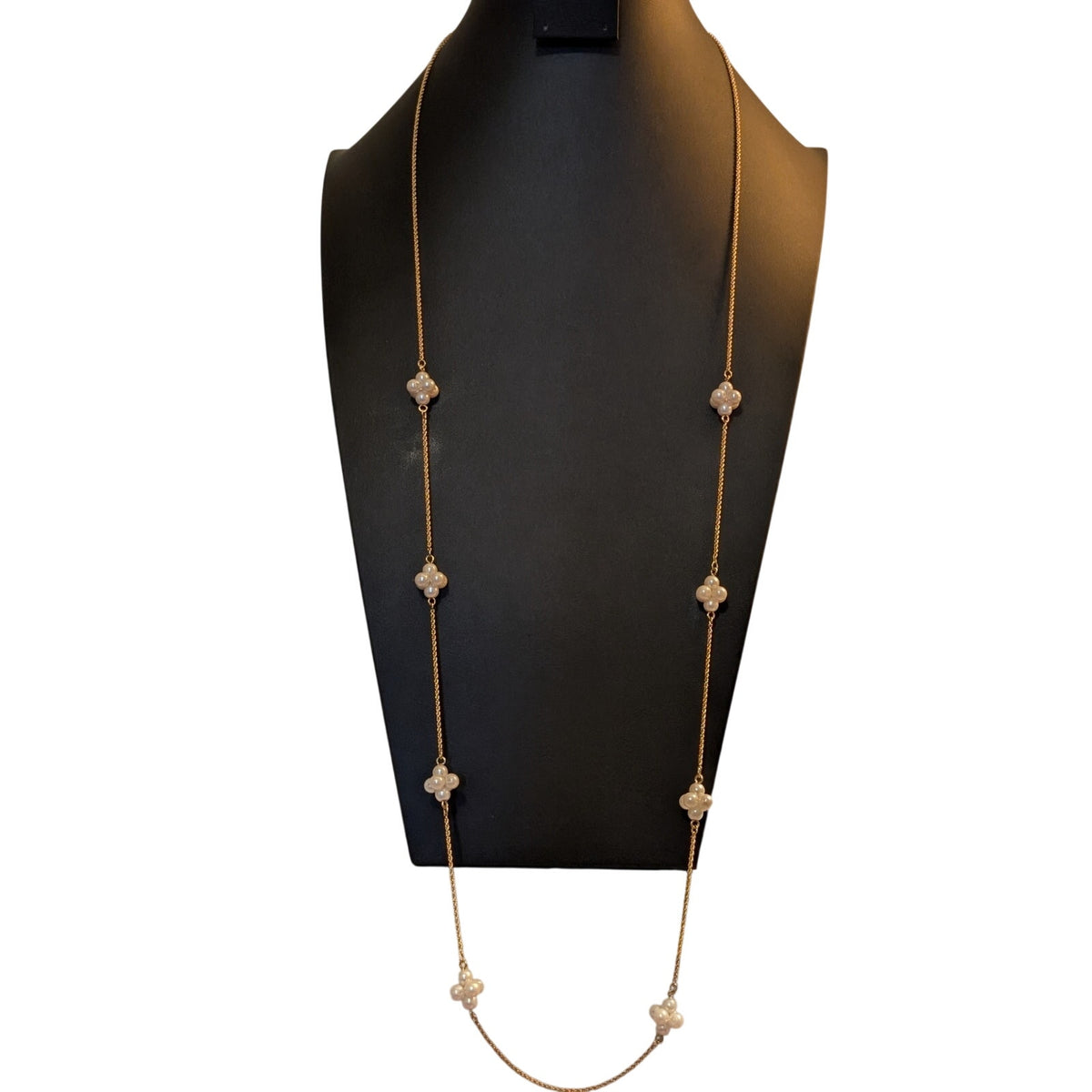 Vintage Napier Long Gold Tone Rope Chain Cluster Faux Pearl Necklace
