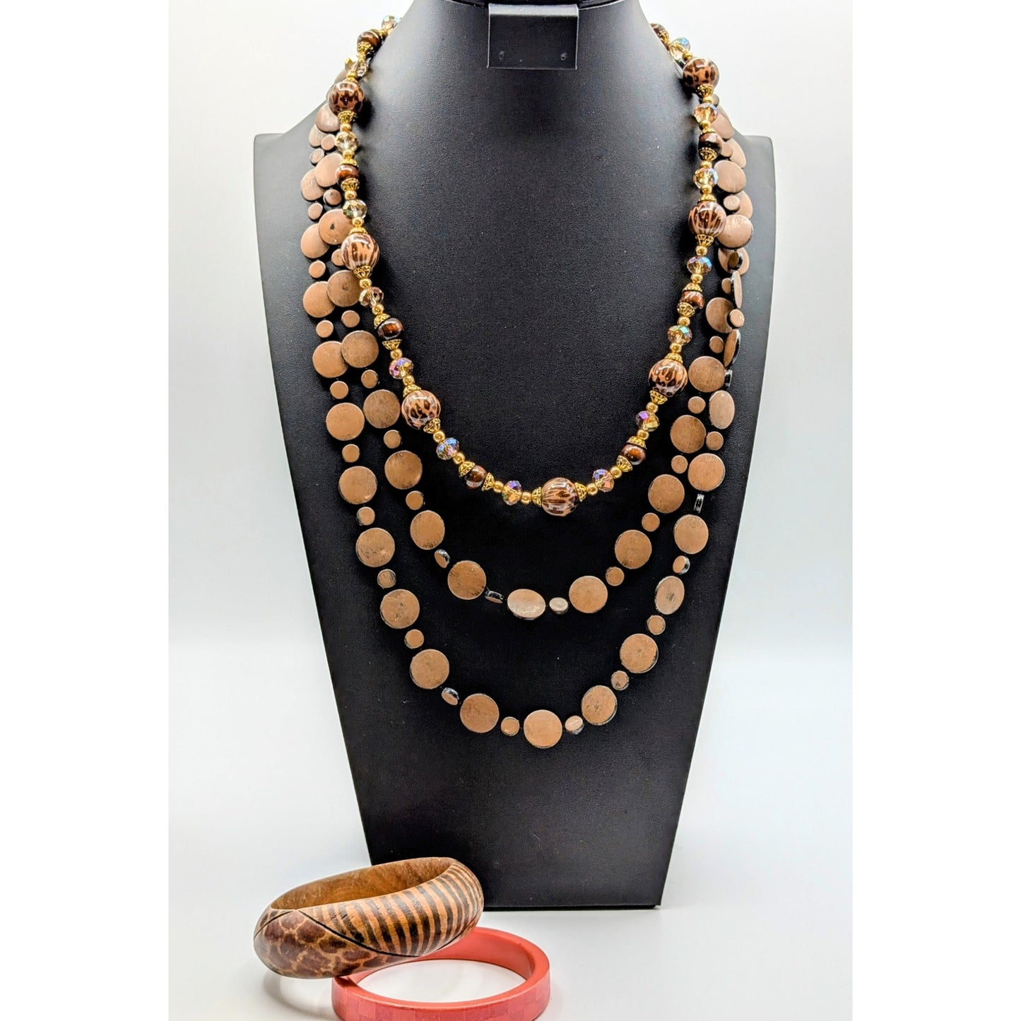 Four Piece Brown Pink Wood Crystal Animal Print Lot of 2 Necklaces & 2 Bracelets