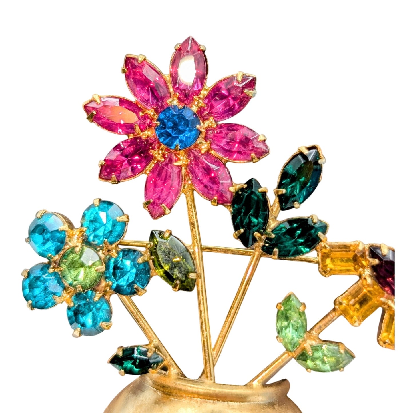 VTG Mid-Century Multi-Color Glass Stone Flowers in Gold Tone Flower Pot Brooch