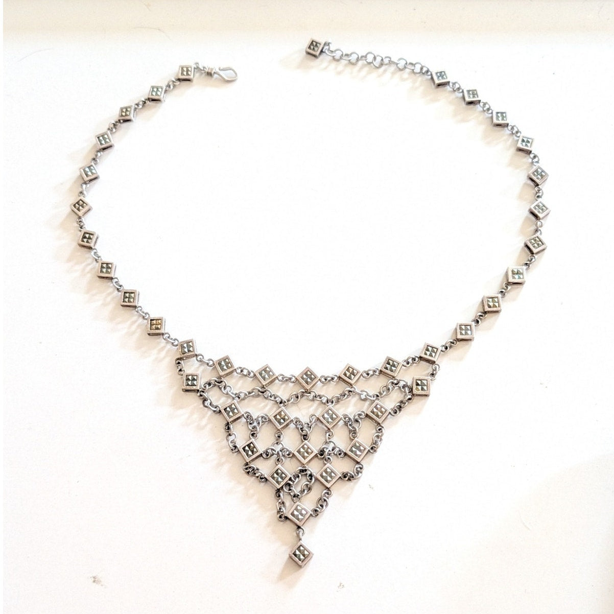 Vtg Unmarked Silver Tone Marcasite Chainmail Bib Hook Clasp 17"-18.25" Necklace