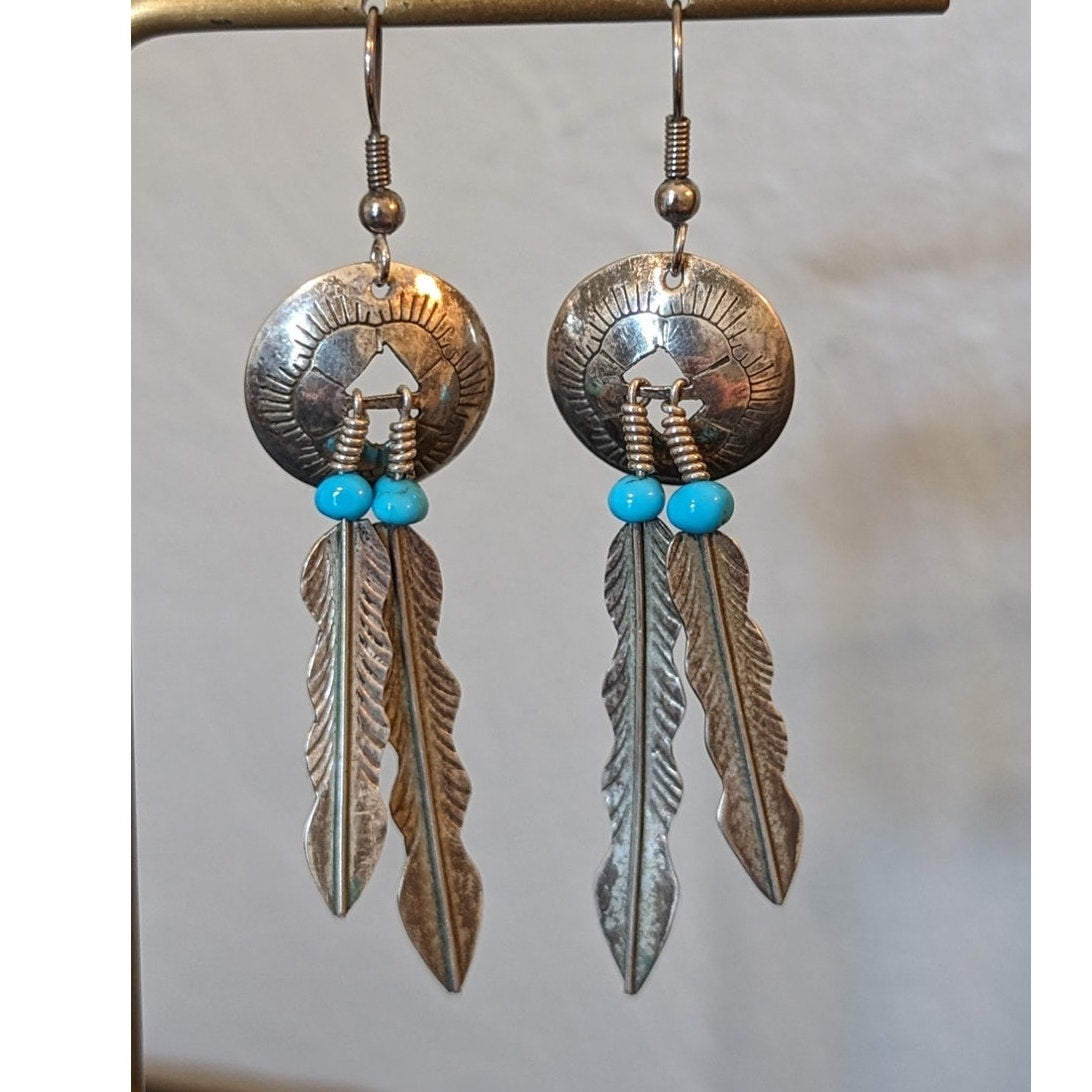 Vintage Native American Navajo Concho Turquoise Bead Feather Dangle Earrings