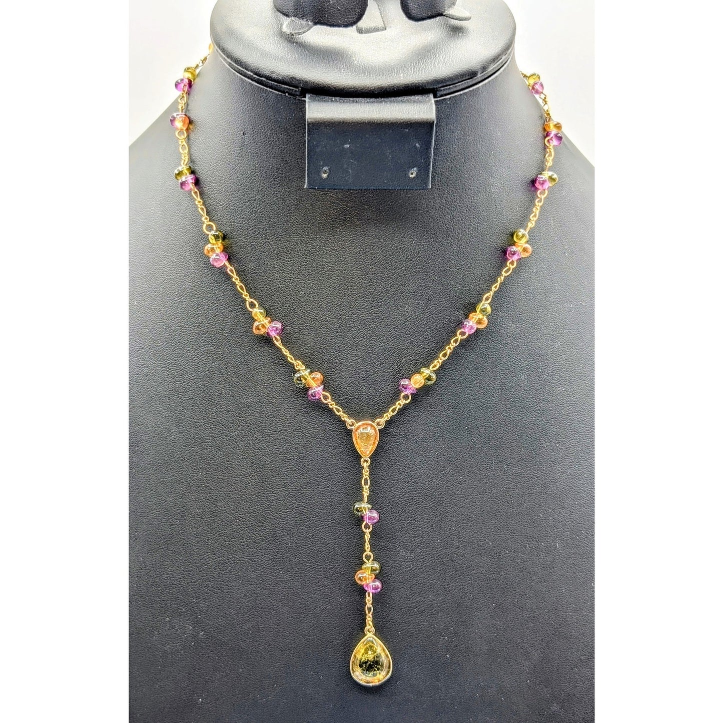 Gold Tone Purple Green Gold Glass Teardrop Bead Y Dangle 16.5" Necklace