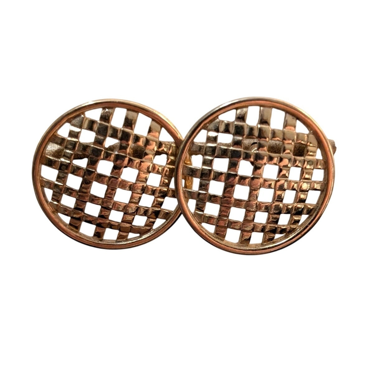 Vintage Gold Tone Hammered Basketweave Round Disk Post Earrings