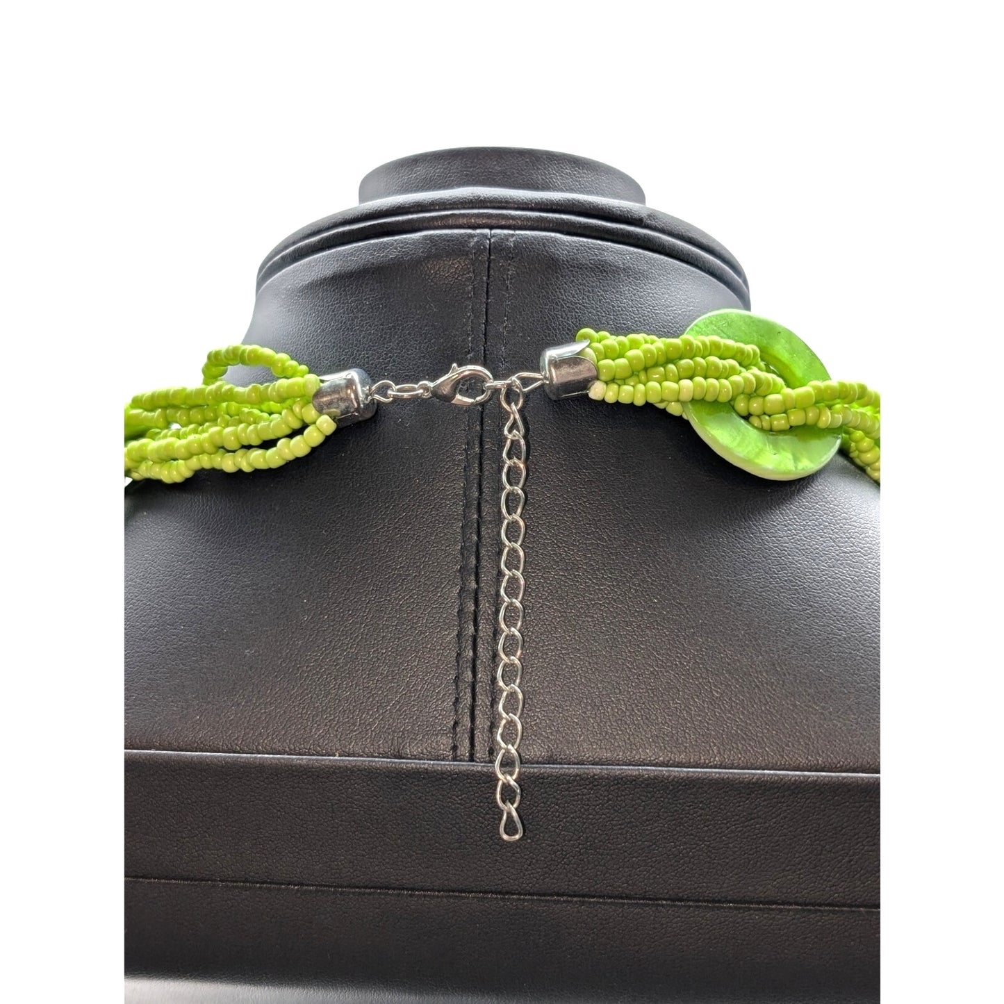 Lime Green Round Shell Disk Seed Bead Statement 23"-26" Necklace