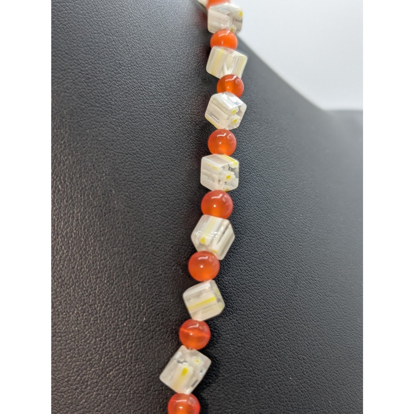Orange Cat Eye Round & Clear Yellow Daisy Square Bead Toggle Clasp 25" Necklace