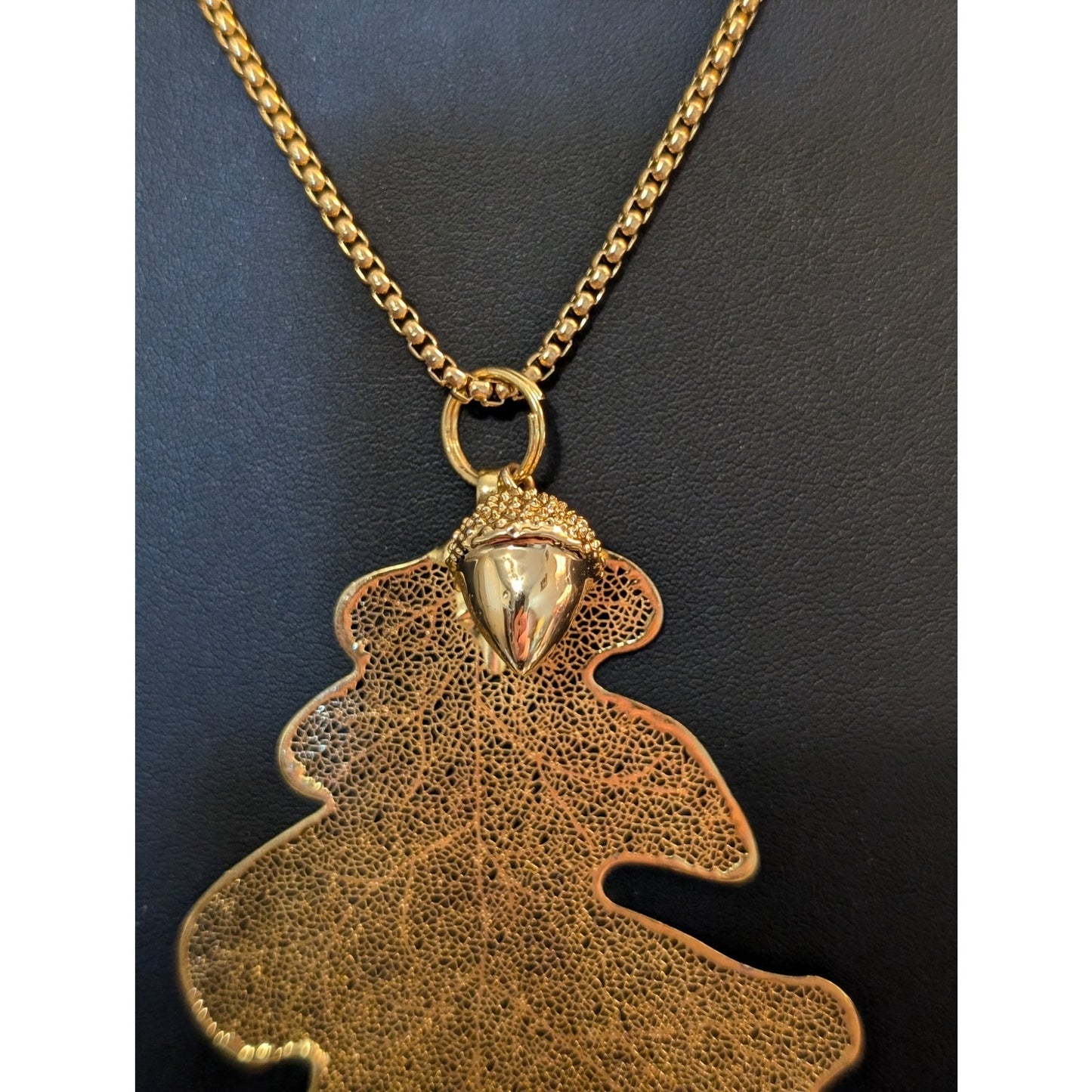 Gold Tone Genuine Leaf Pendant W/ Acorn Charm on Sturdy 22" Gold Tone Chain