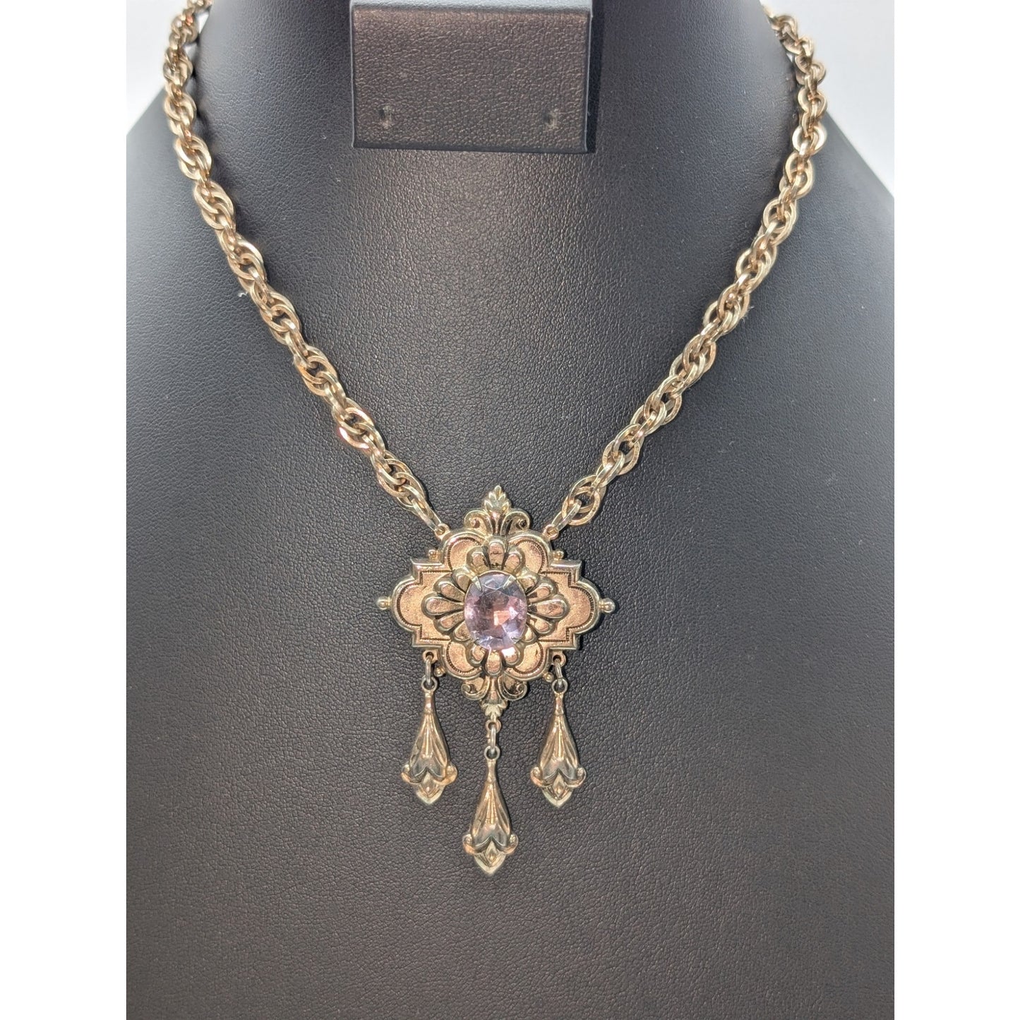 Vtg Signed Coro Victorian Art Nouveau Gold Plated Amethyst Stone Necklace