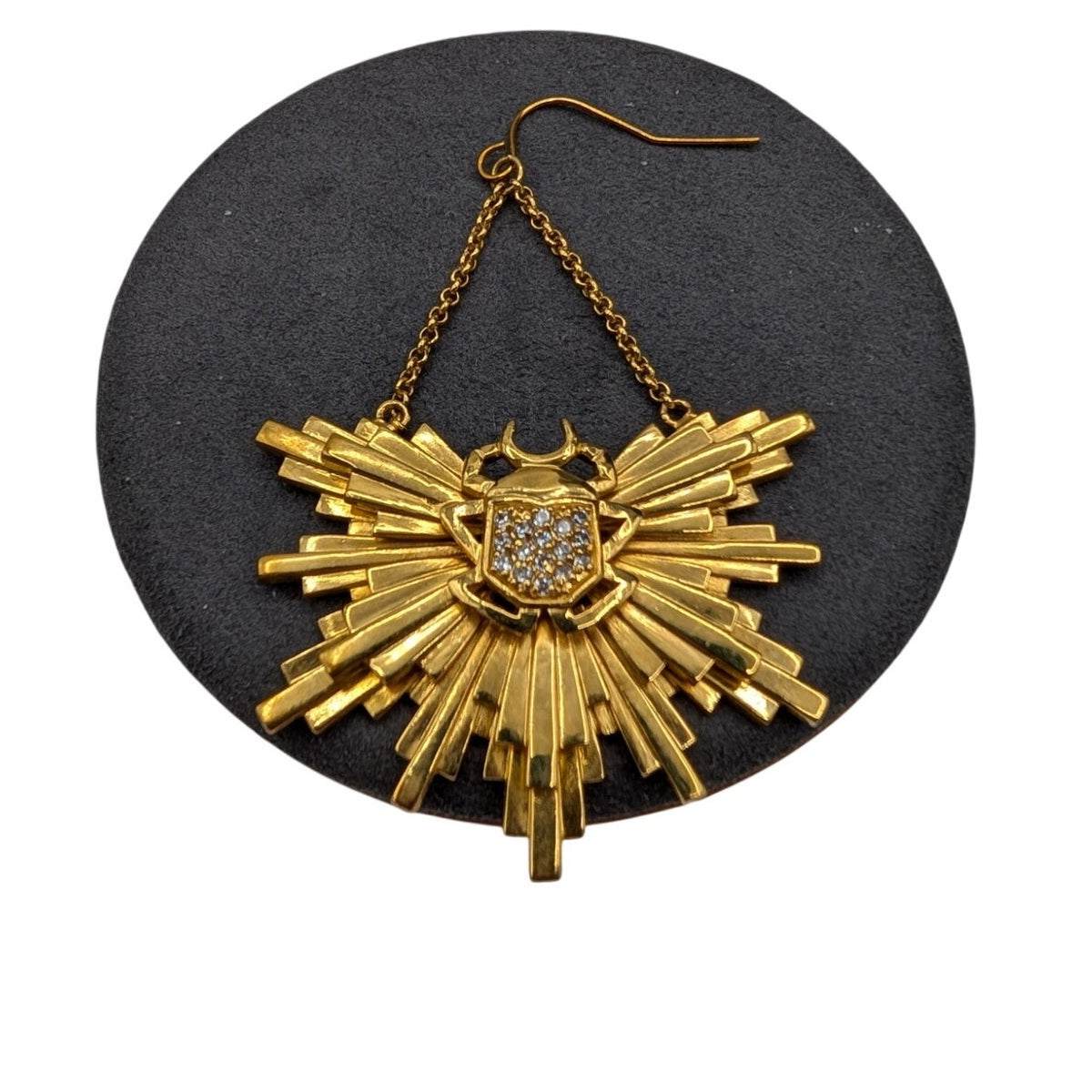 Large SINGLE Gold Tone CZ Scarab Sunburst Dangle Earring