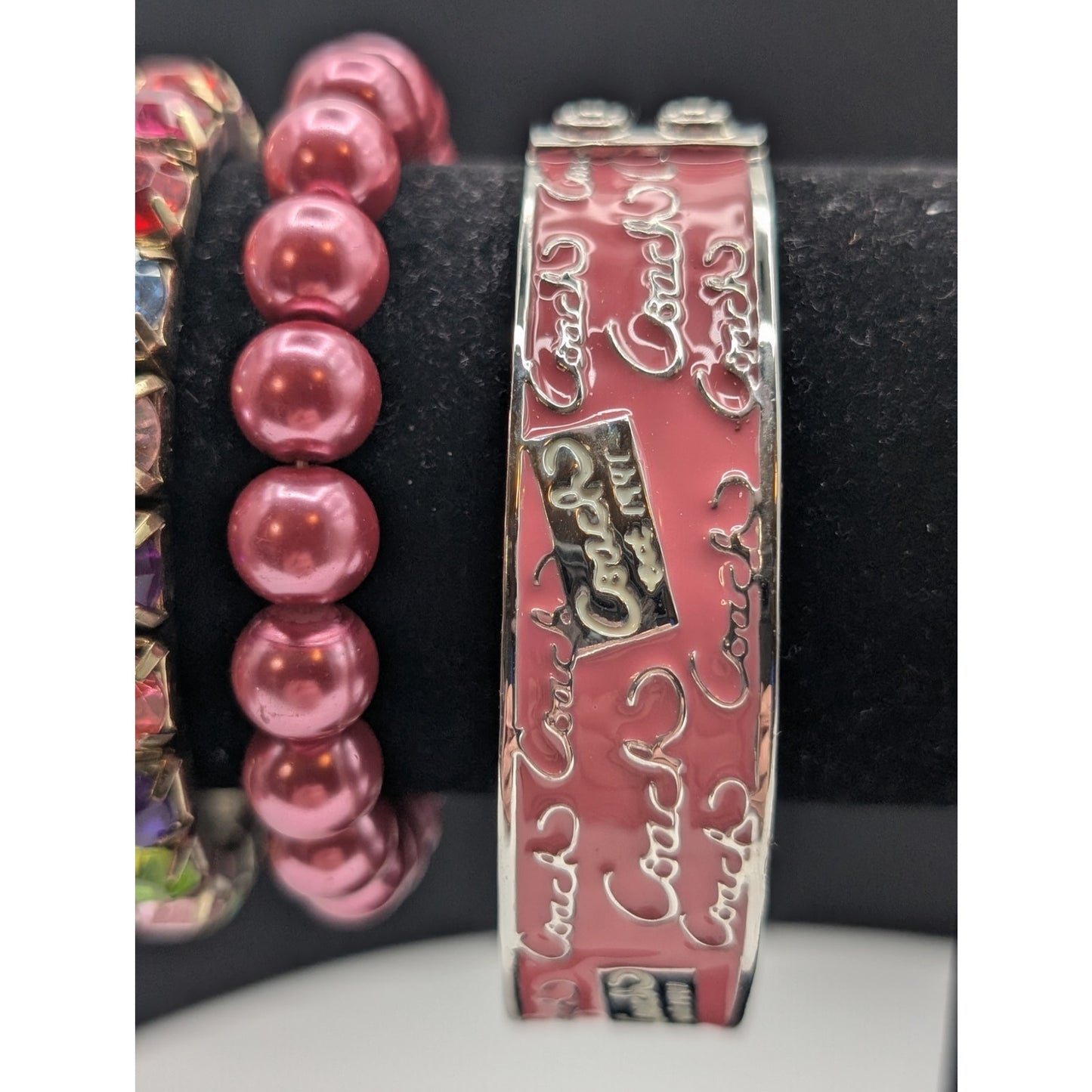 Lot of Three Pink Theme Bracelets Two Stretch & One Bangle Not Hinged