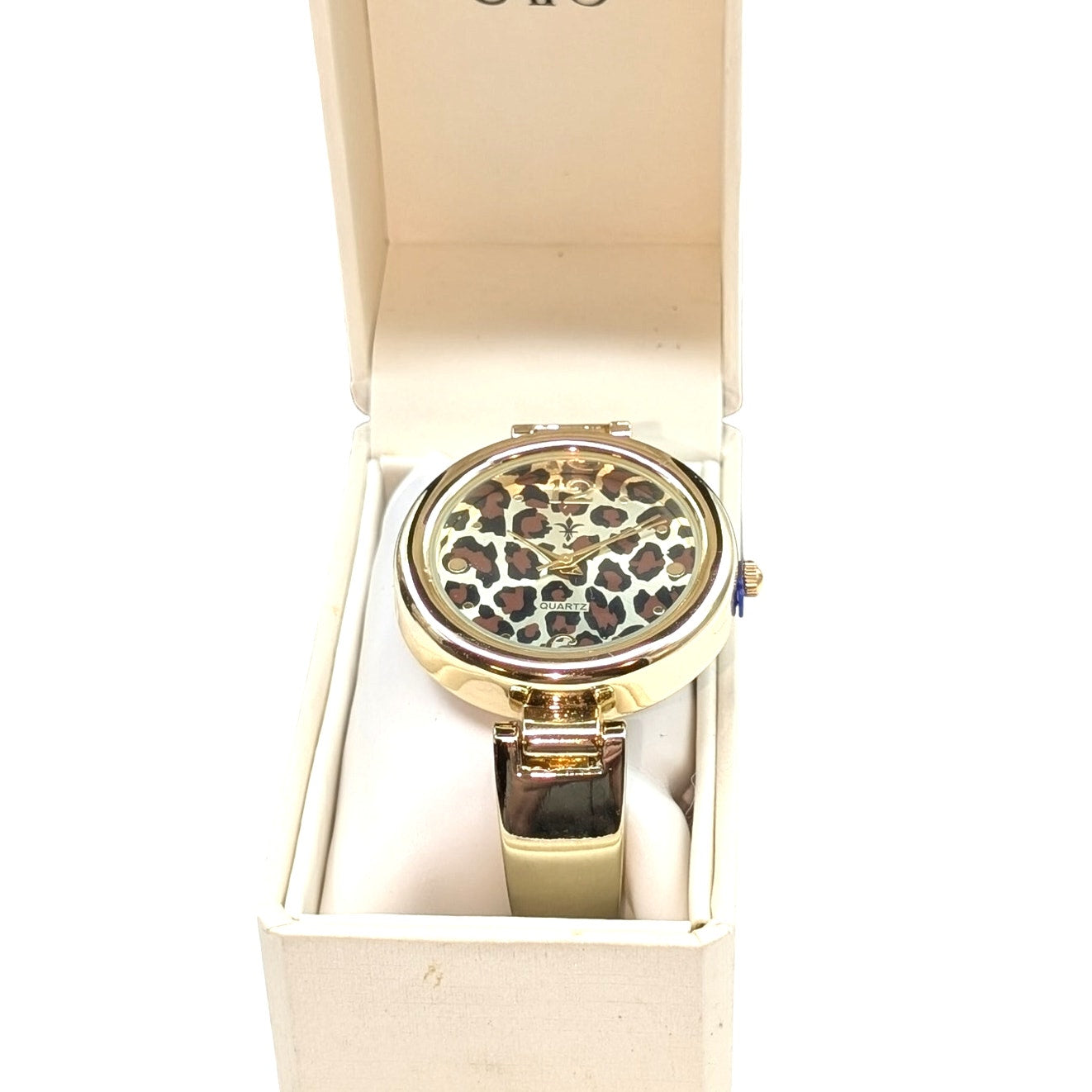 Cato Leopard NWT Hinged Gold Tone Bangle Bracelet Watch