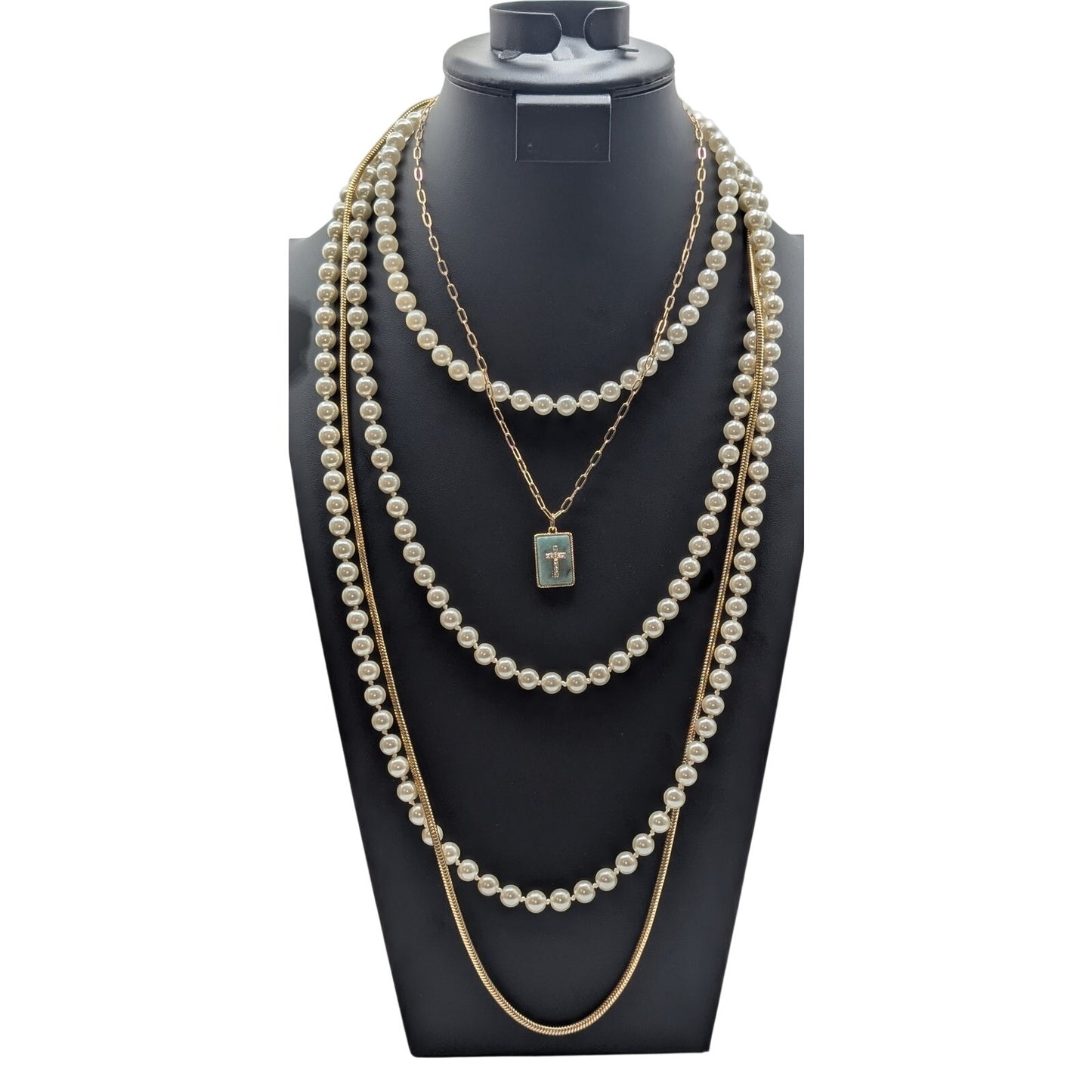 Lot of 4 Gold Tone Necklaces-Short Pearl Long Pearl Long Snake Chain & Cross