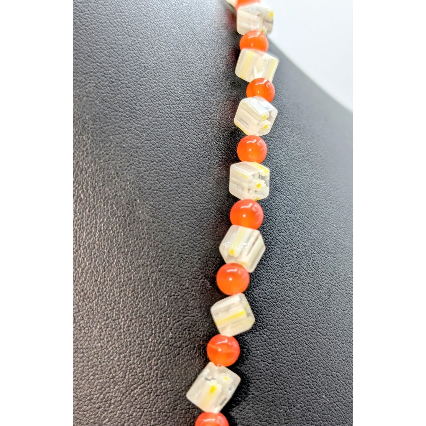Orange Cat Eye Round & Clear Yellow Daisy Square Bead Toggle Clasp 25" Necklace