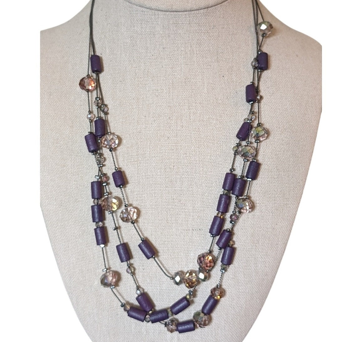 Charming Charlie Purple Wood Smoky Lavender Crystal Gun Metal 3 Strand Necklace
