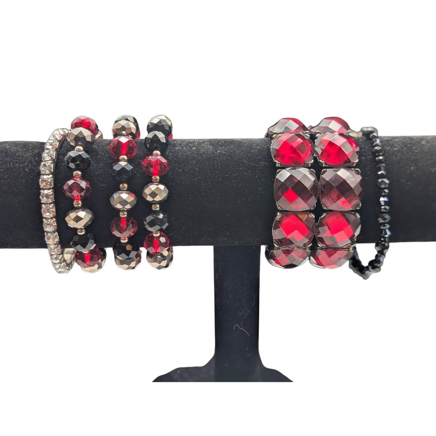 Lot of Six Red Black Metallic Rhinestone Beaded Stretch Bracelets