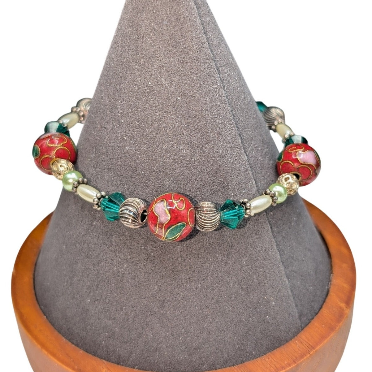 925 Sterling Silver Red Cloisonne Green Crystal Sterling Bead Bracelet